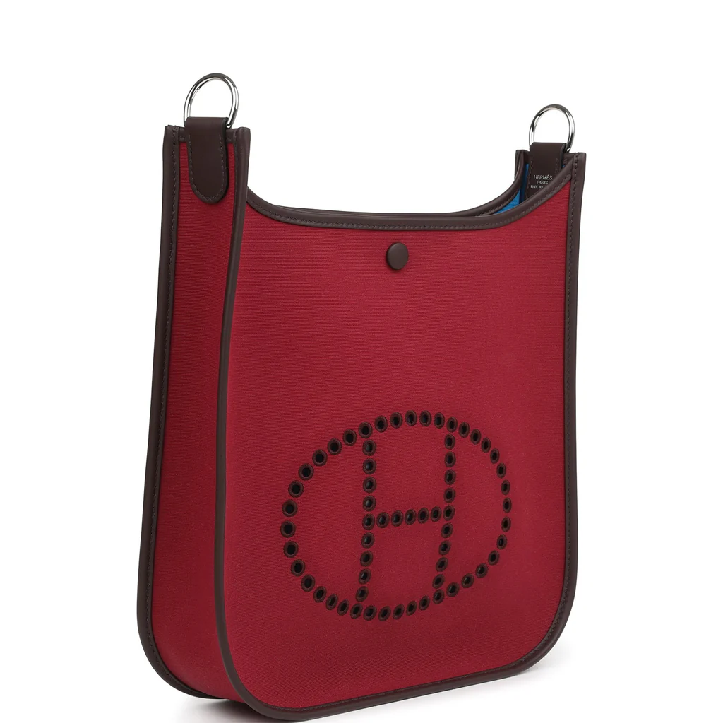 Hermes Neo Evelyne PM Rubis Officier Canvas and Rouge Sellier Swift Palladium Hardware