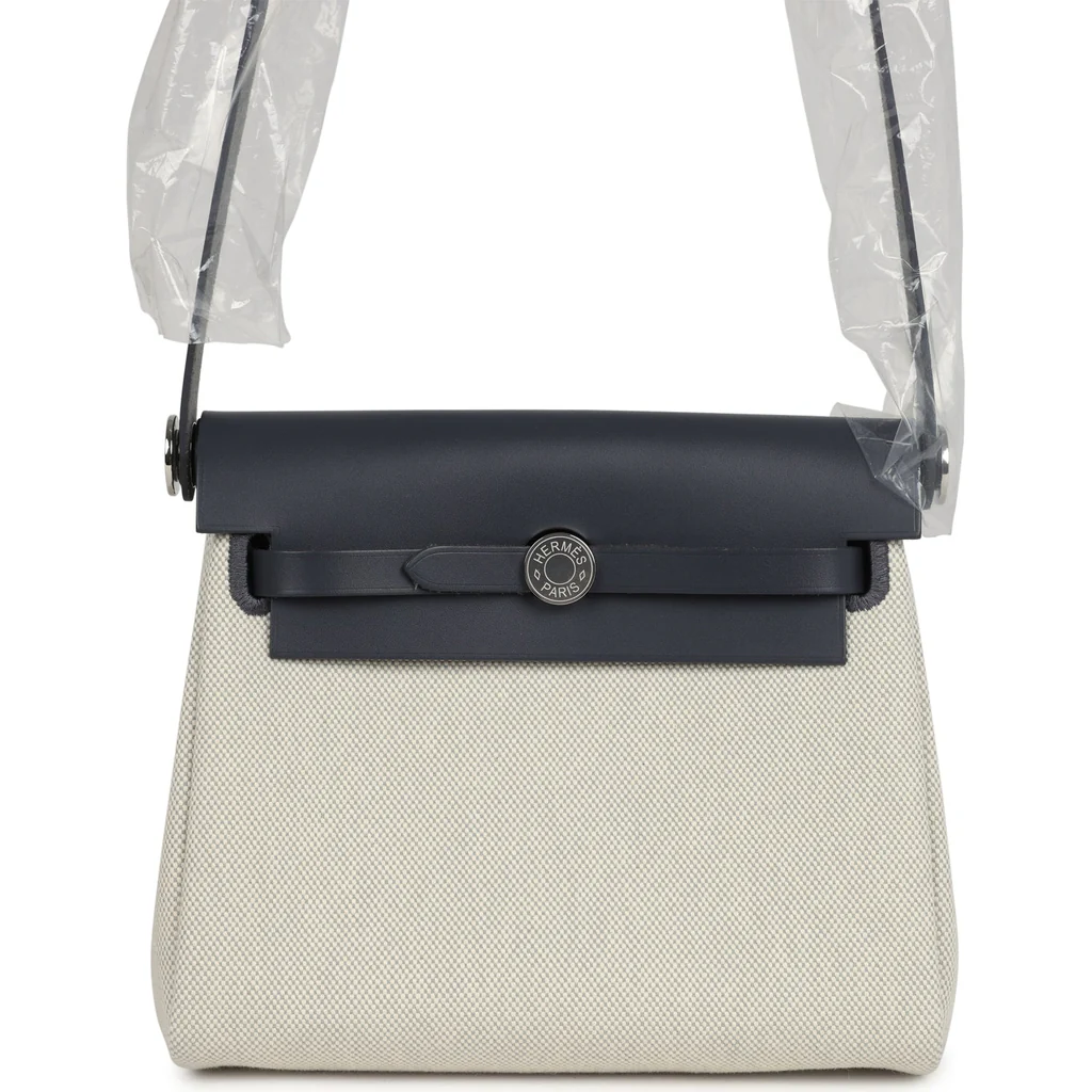 Hermes Herbag Zip 20 Mini Ecru and Bleu Glacier Toile H Canvas and Ardoise Vache Hunter Palladium Hardware