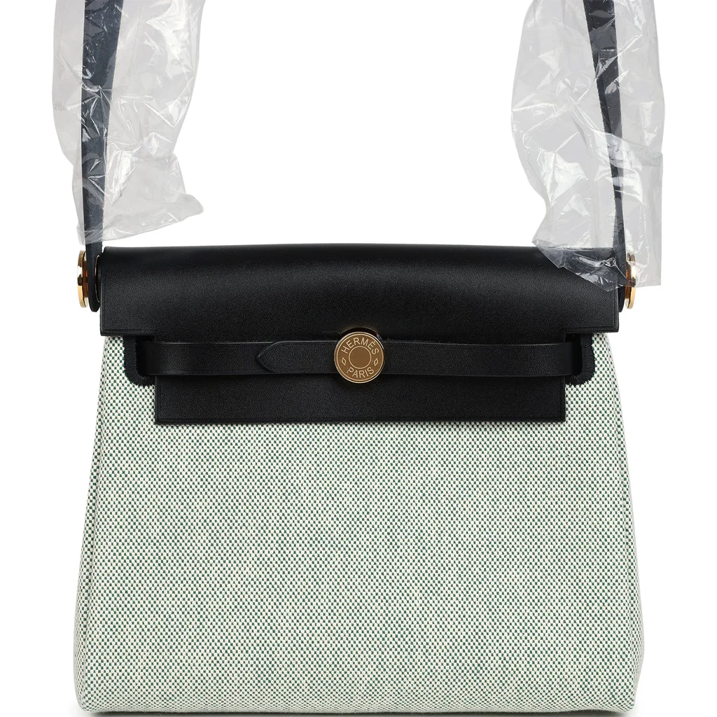 Hermes Herbag Zip 20 Mini Ecru and Vert Moyen Toile H Canvas and Black Vache Hunter Gold Hardware