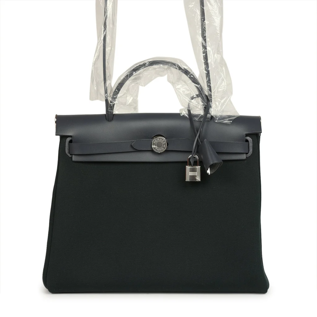 Hermes Herbag Zip PM 31 Vert Cypres Officier Canvas and Ardoise Vache Hunter Palladium Hardware