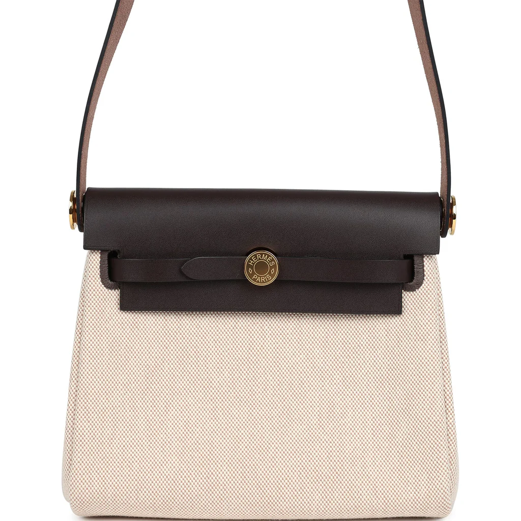 Hermes Herbag Zip 20 Mini Ecru and Beige Toile H Canvas and Ebene Vache Hunter Gold Hardware
