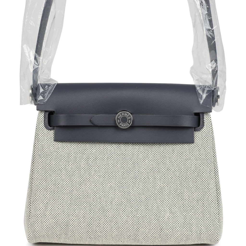 Hermes Herbag Zip 20 Mini Ecru and Ardoise Toile H Canvas and Ardoise Vache Hunter Palladium Hardware