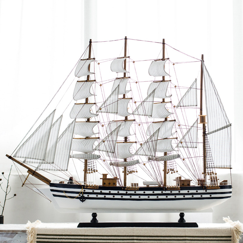 Mediterranean-style wooden sailboat model decoration, simulated pine wood boat, decoration, smooth sailing craft boat gift