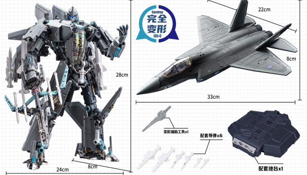 TouchToys transforming mech model kit in fighter jet mode and robot mode with size dimensions comparison