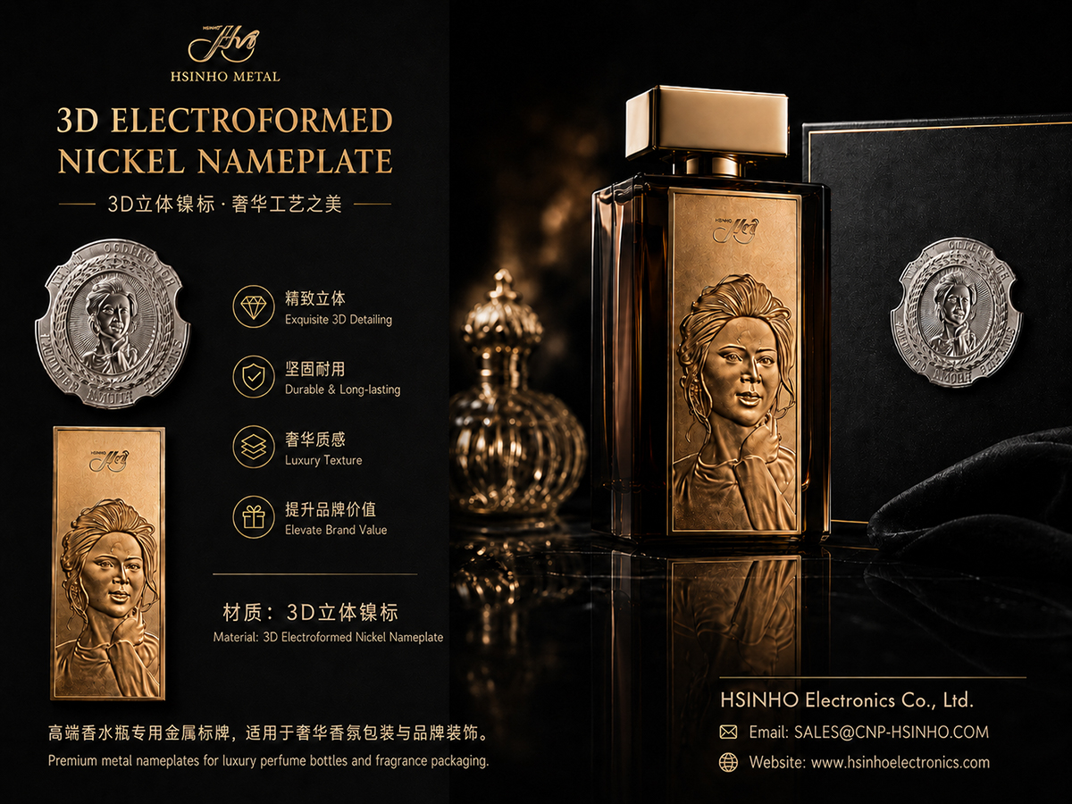3d electroformed nickel nameplate for luxury perfume bottle hsinho