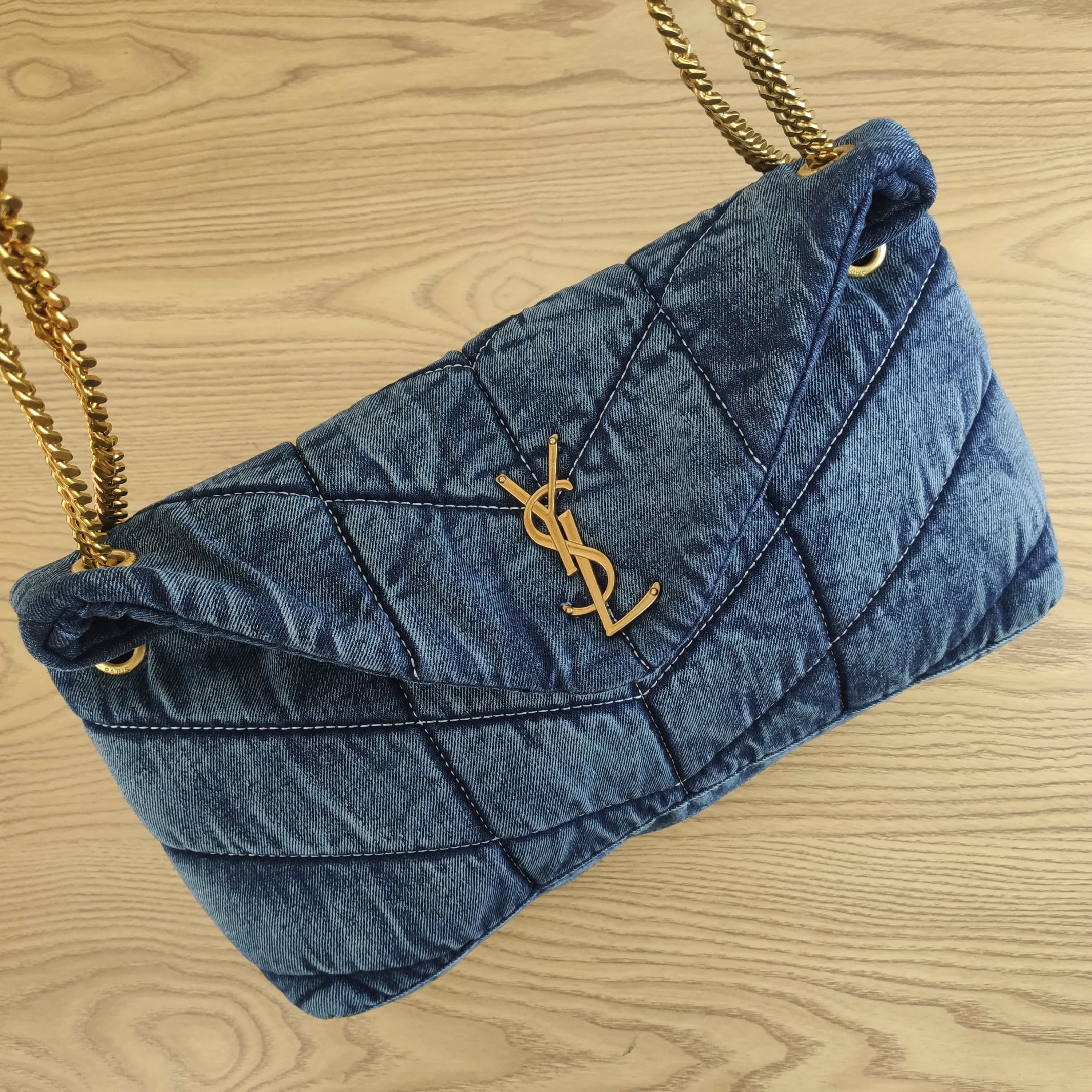Denim cotton metal chain tote bag