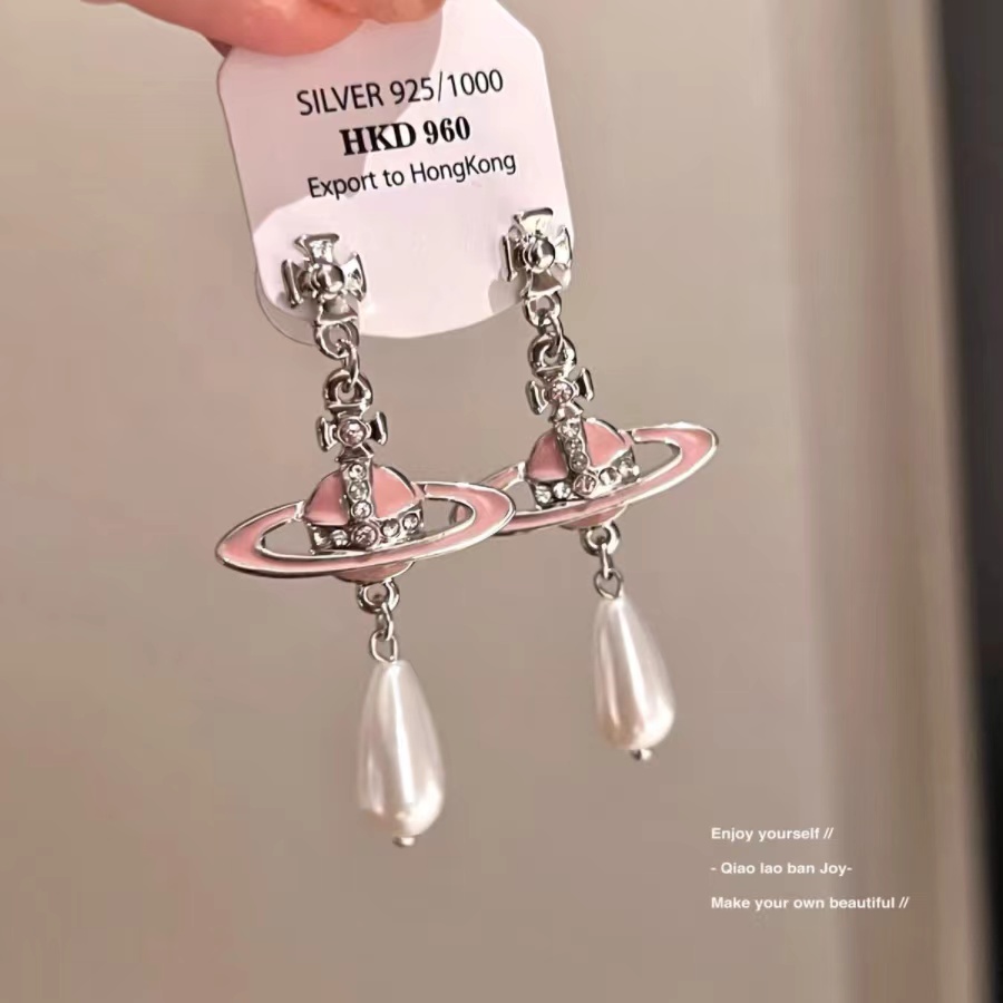 Planet Diamond Pearl Long Earrings