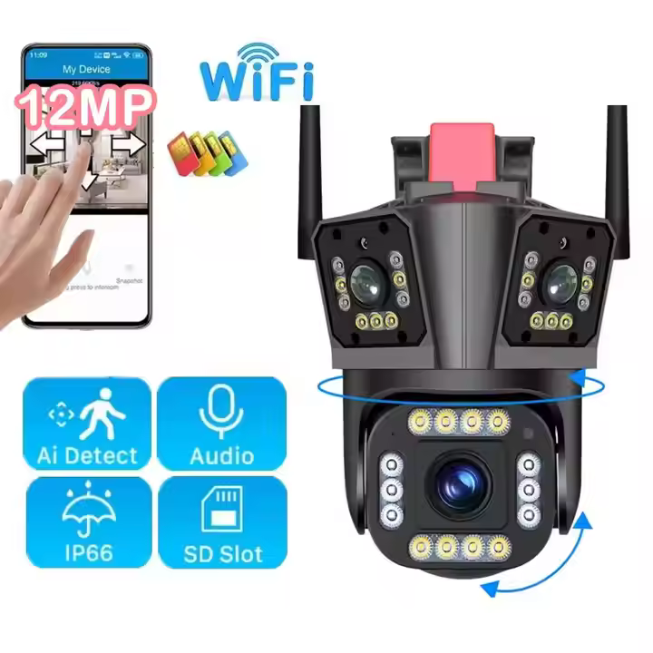 12MP IP Camera – 3-Lens PTZ, 3-Screen & Wireless Outdoor Surveillance with AI Tracking