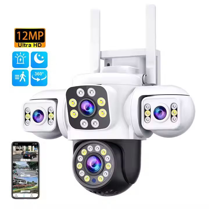 12MP WiFi Security Camera – 3-Screen Outdoor Waterproof, Color Night Vision & AI Auto Tracking PTZ