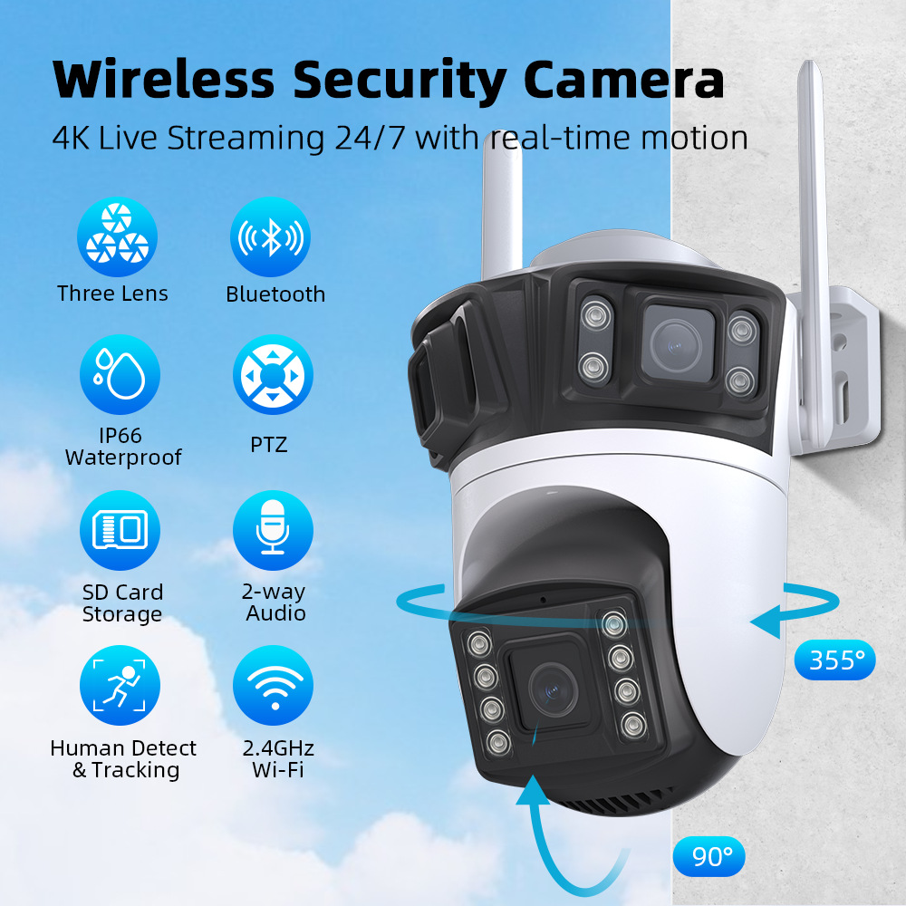 ICsee 4K 3-Lens Triple-Screen Smart HD Wi-Fi Camera | Indoor/Outdoor Full-Color 360° Waterproof | Remote Surveillance