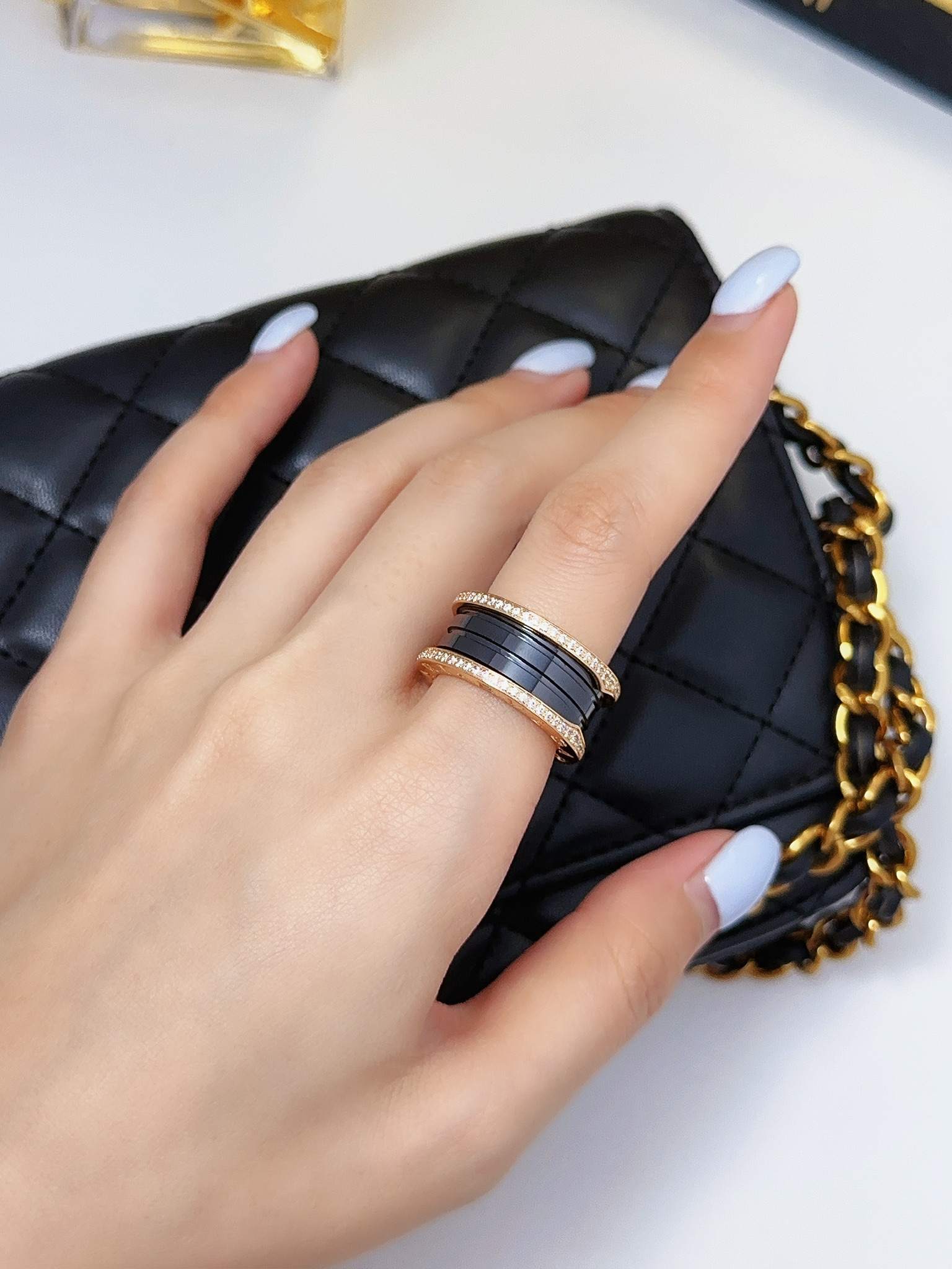 BV Classic Wide Black and White Ceramic Edge Diamond Set Ring (CNC Handmade Diamond Set)