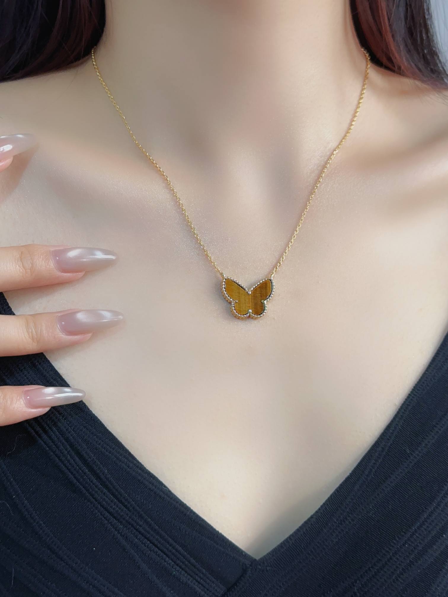 Lucky Butterfly Pendant Gold Tiger Eye Stone Necklace