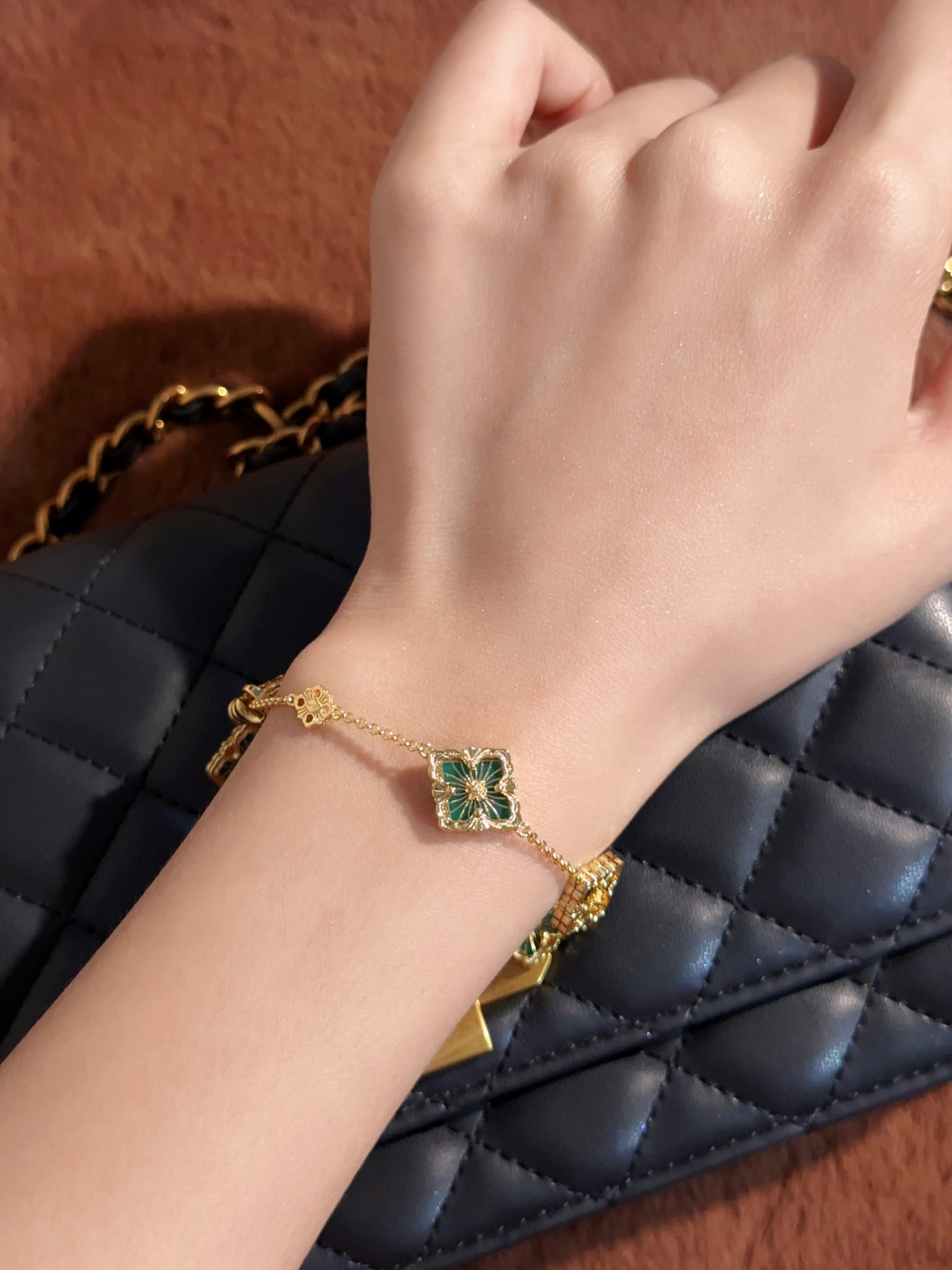 BU Opera Series Gold 5-Flower Green Enamel Bracelet
