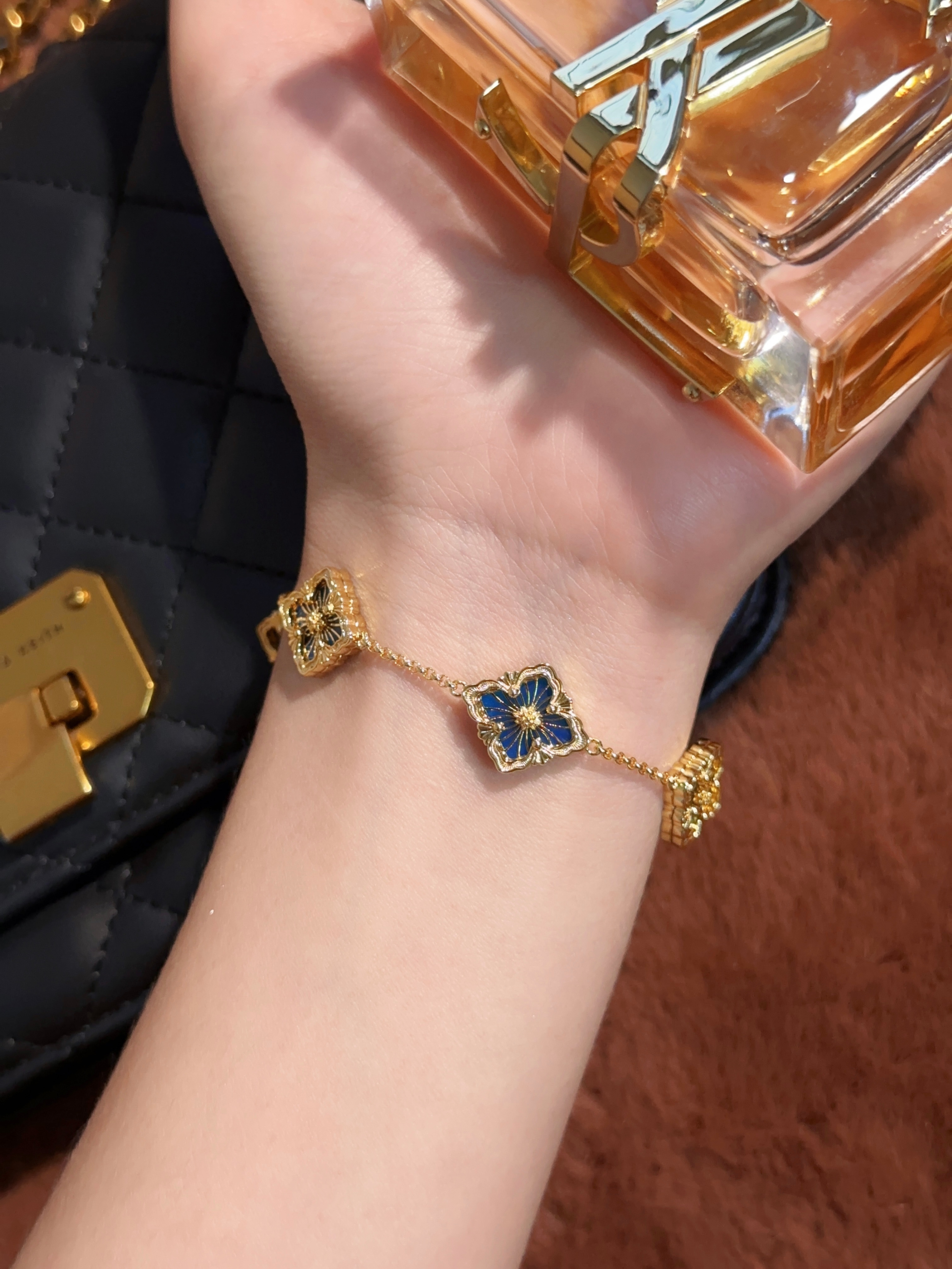 BU Opera Series Gold 5-Flower Blue Enamel Bracelet