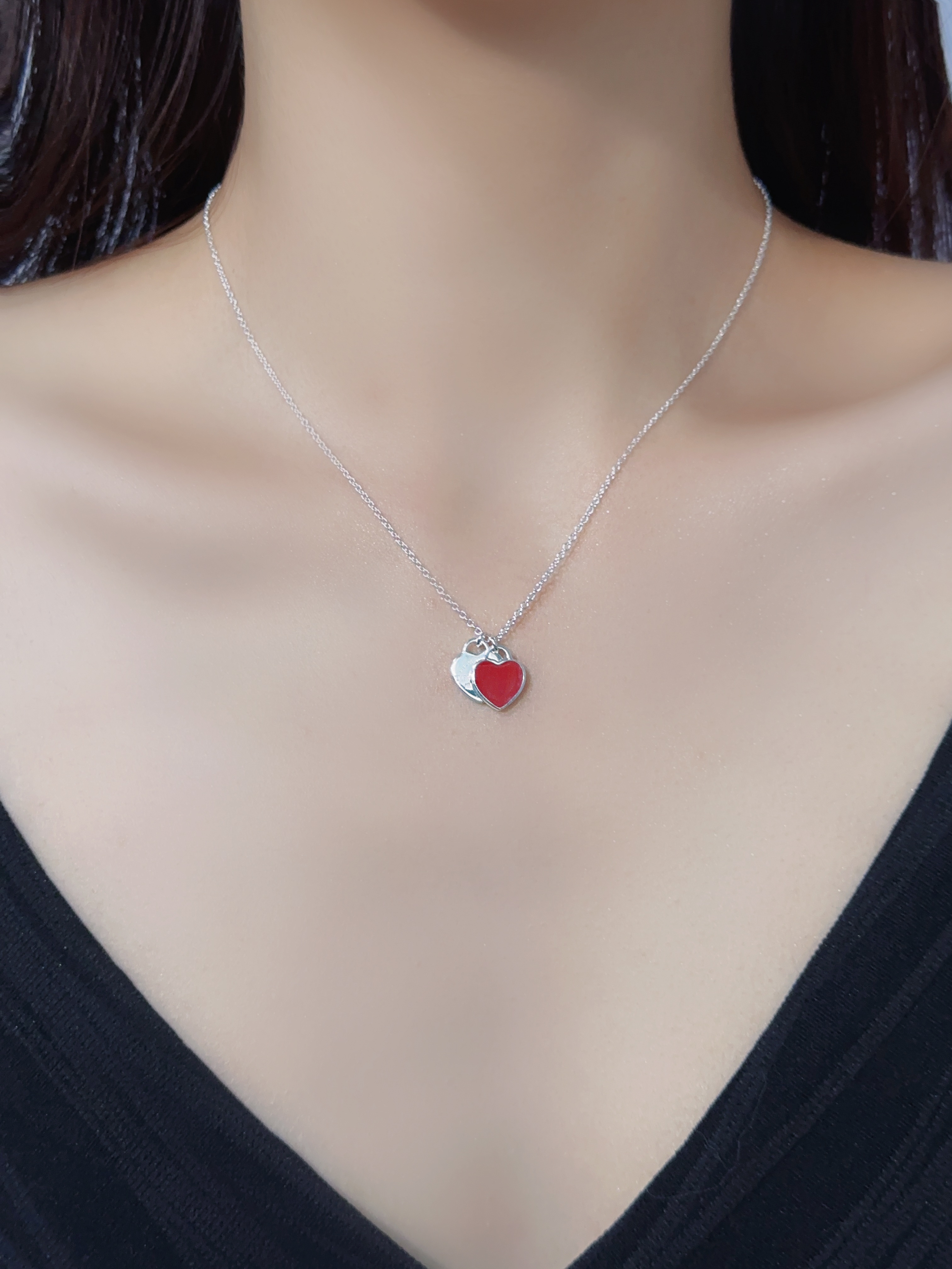 T Home Double Heart Tag Mini Enamel Necklace (925 Silver)