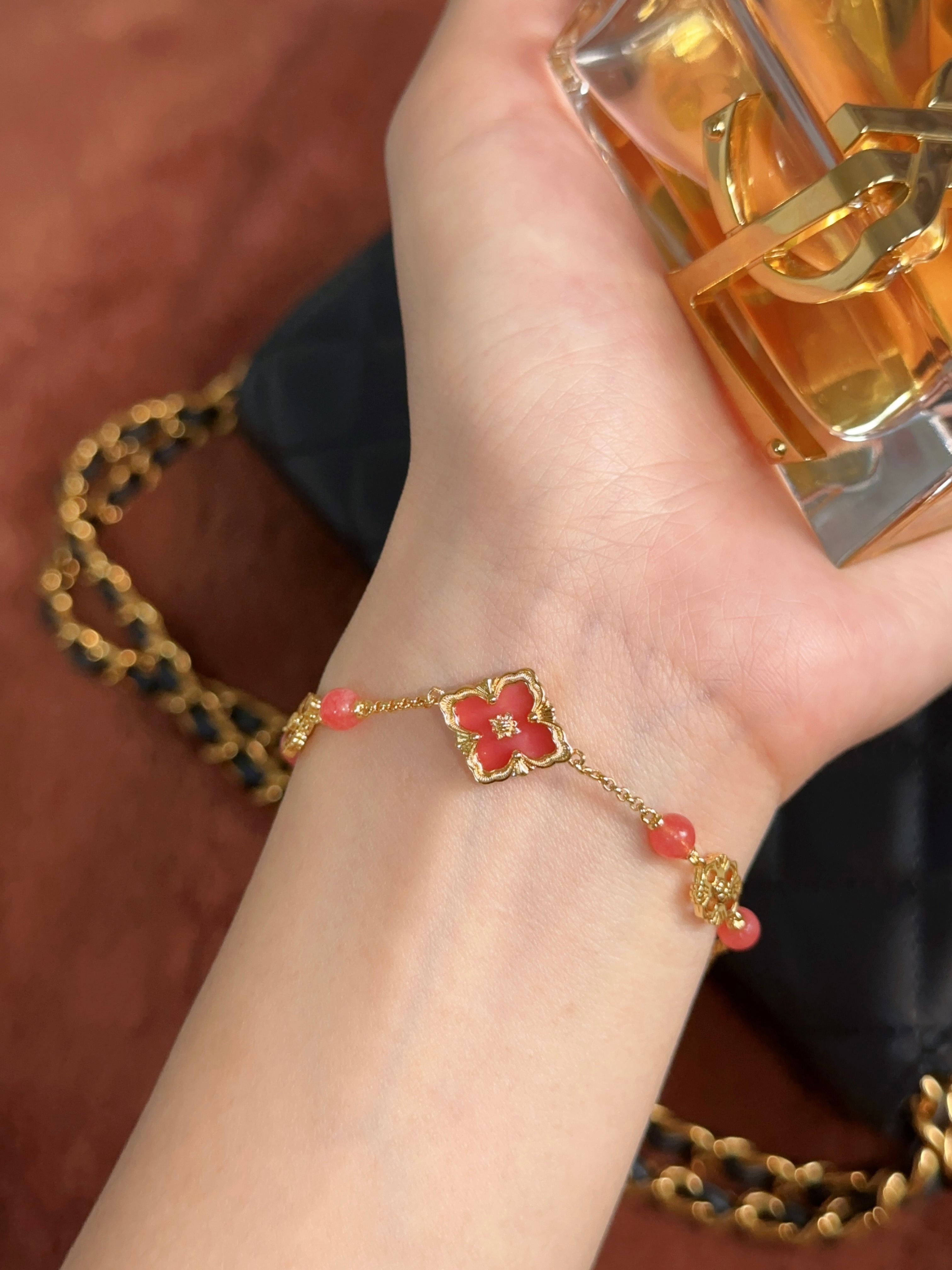 BU Opera Series Three Flower Red Stone Bracelet (Small)