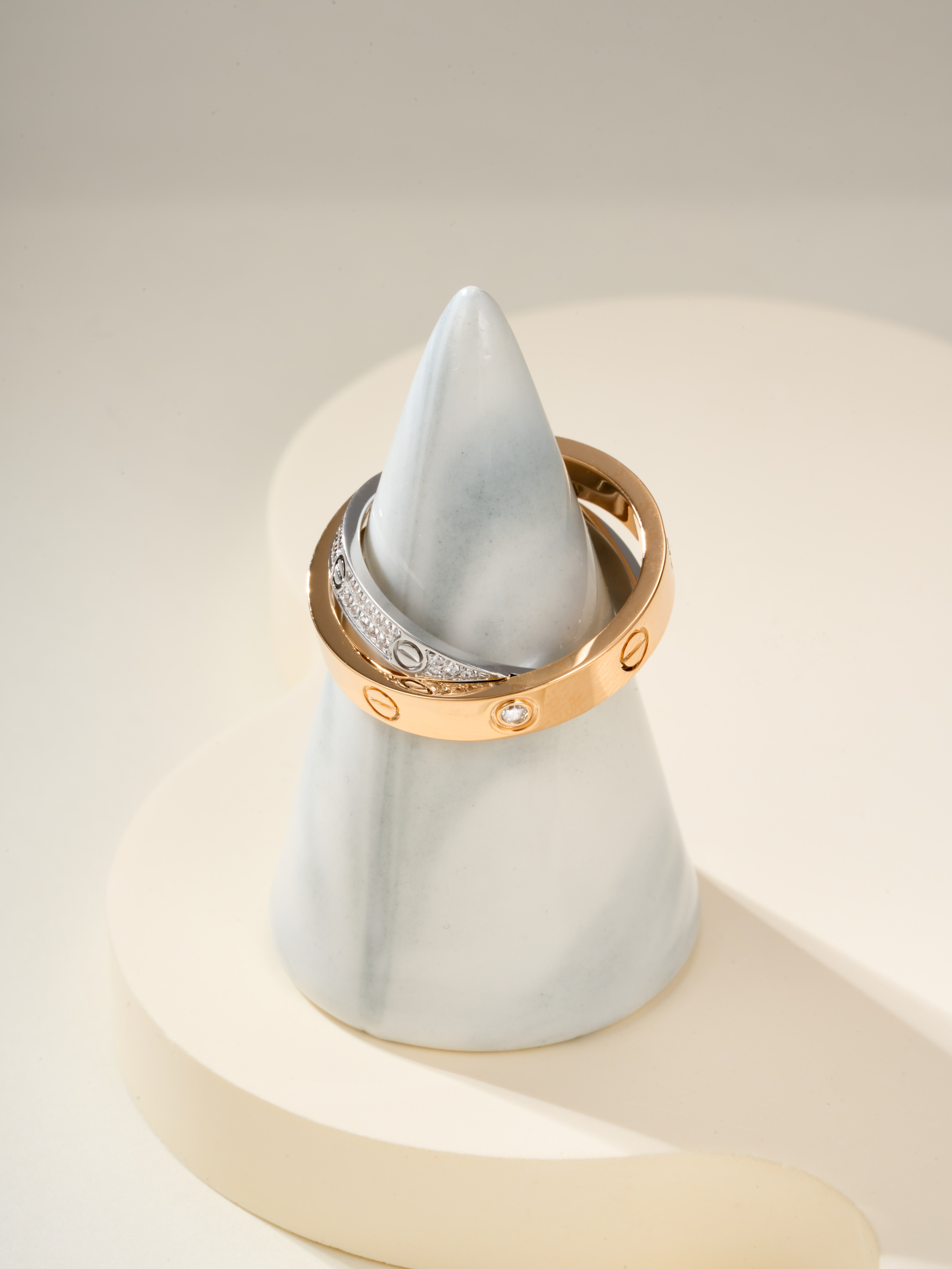 Love Color Separation Light Gold+Diamond Double Ring Ring