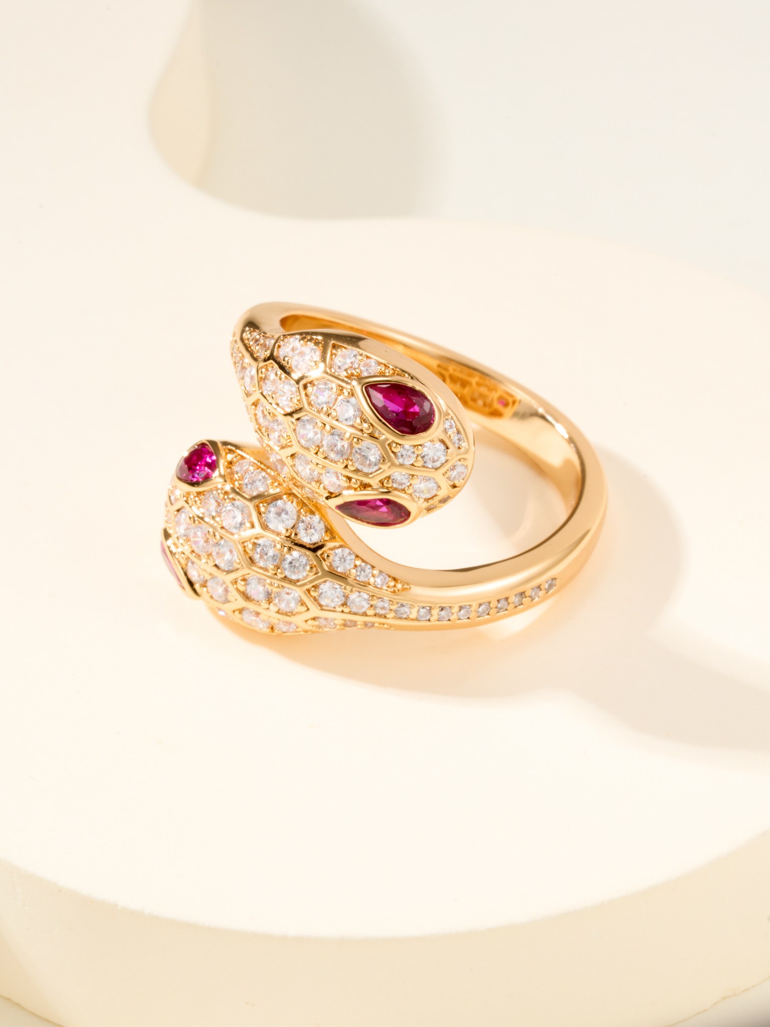 BV Double Snake Head Full Diamond Red Green Eye Ring