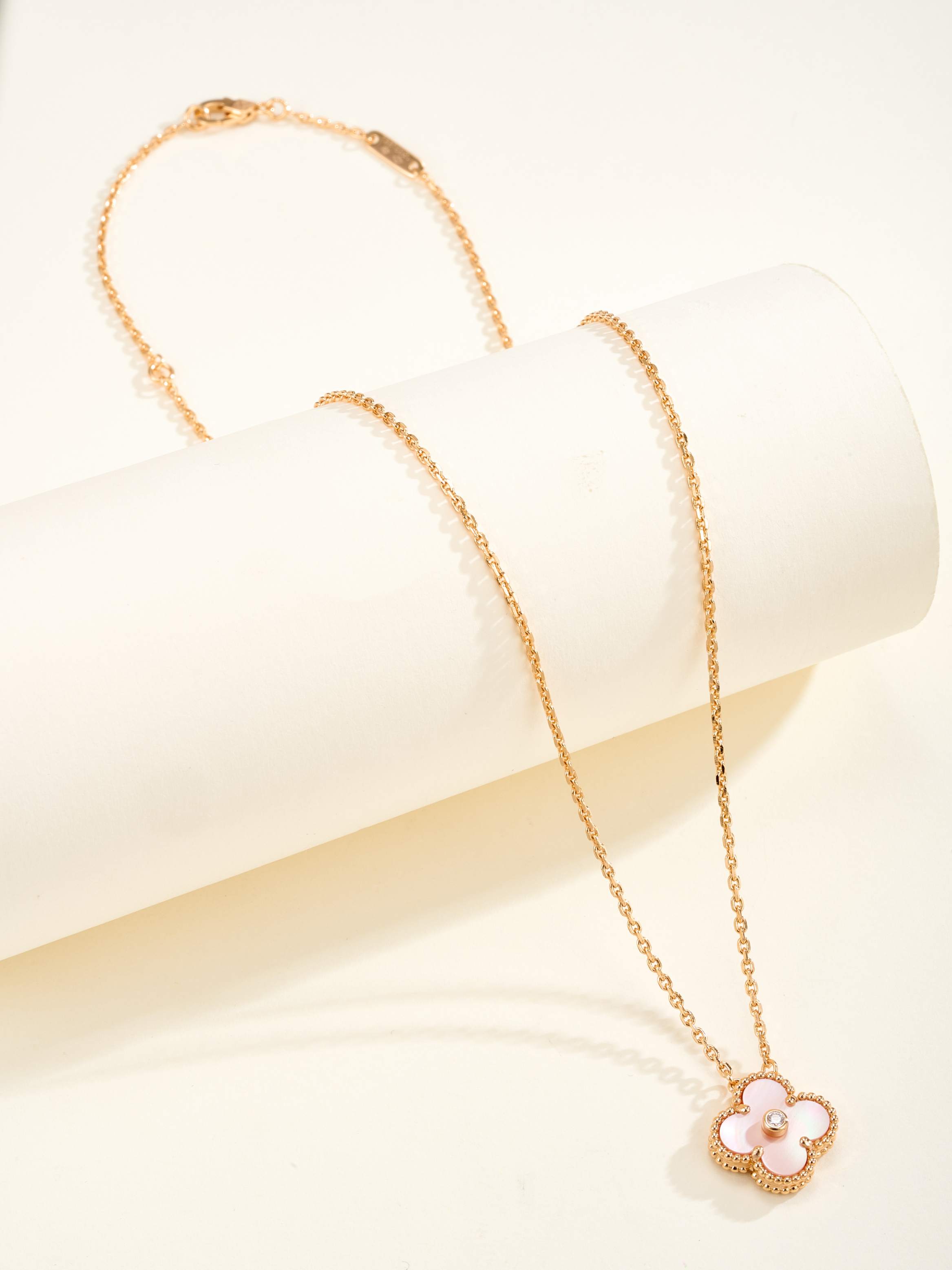 Classic single flower diamond studded pink shell necklace