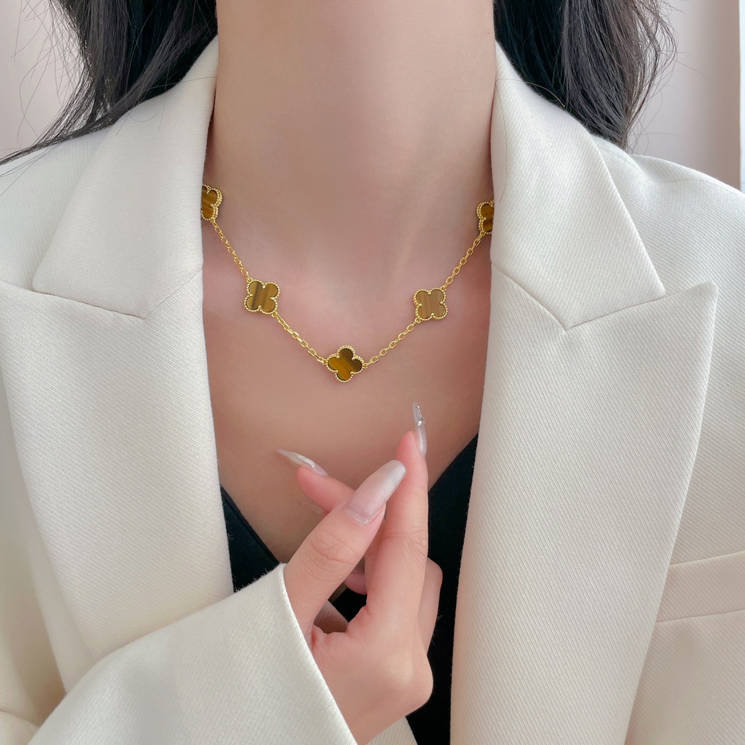  Ten pattern clover gold flower tiger eye stone necklace