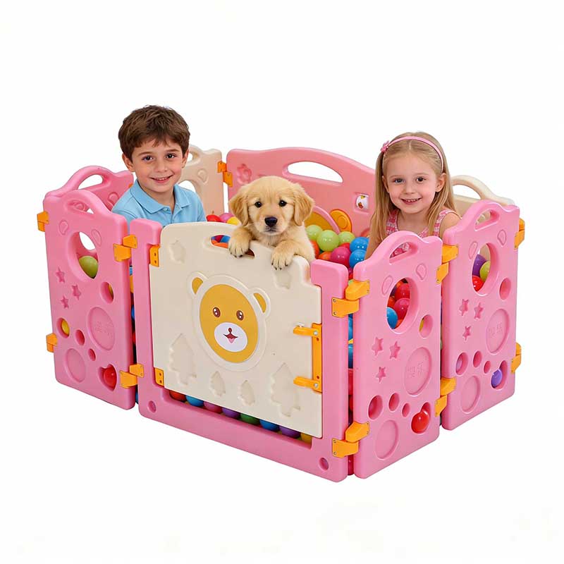 Pink Bear Design Baby Play Yard, Portable Kids Activity Center with Lockable Gate, Safe Playpen for Crawling Toddlers & Babies