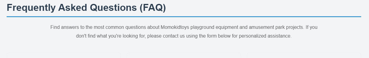 Momokidtoys FAQ main page banner, providing answers to common questions about playground equipment and amusement park projects