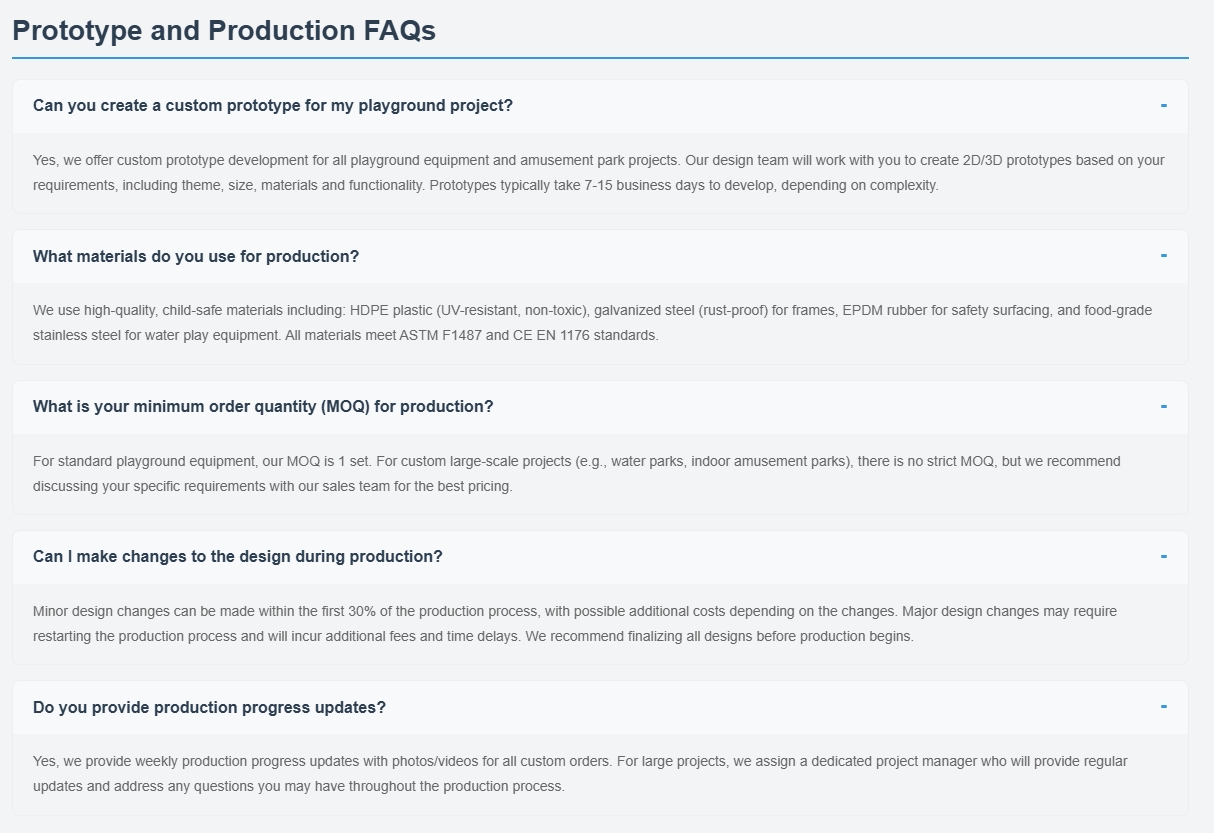 Momokidtoys prototype and production FAQ banner, showing playground equipment production process and customization options