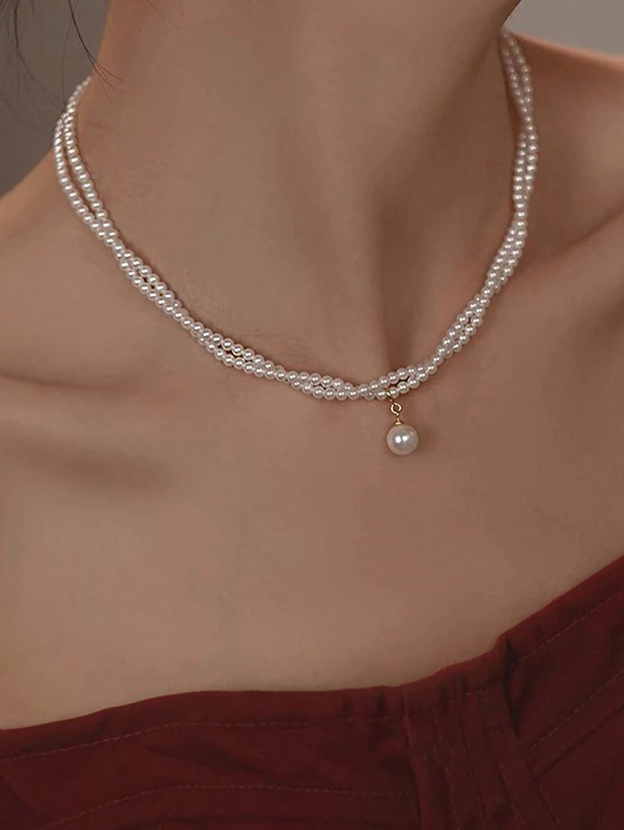 1pc Vintage Double Layered Pearl Necklace For Women, Unique Design & Simple Luxury Collarbone Chain