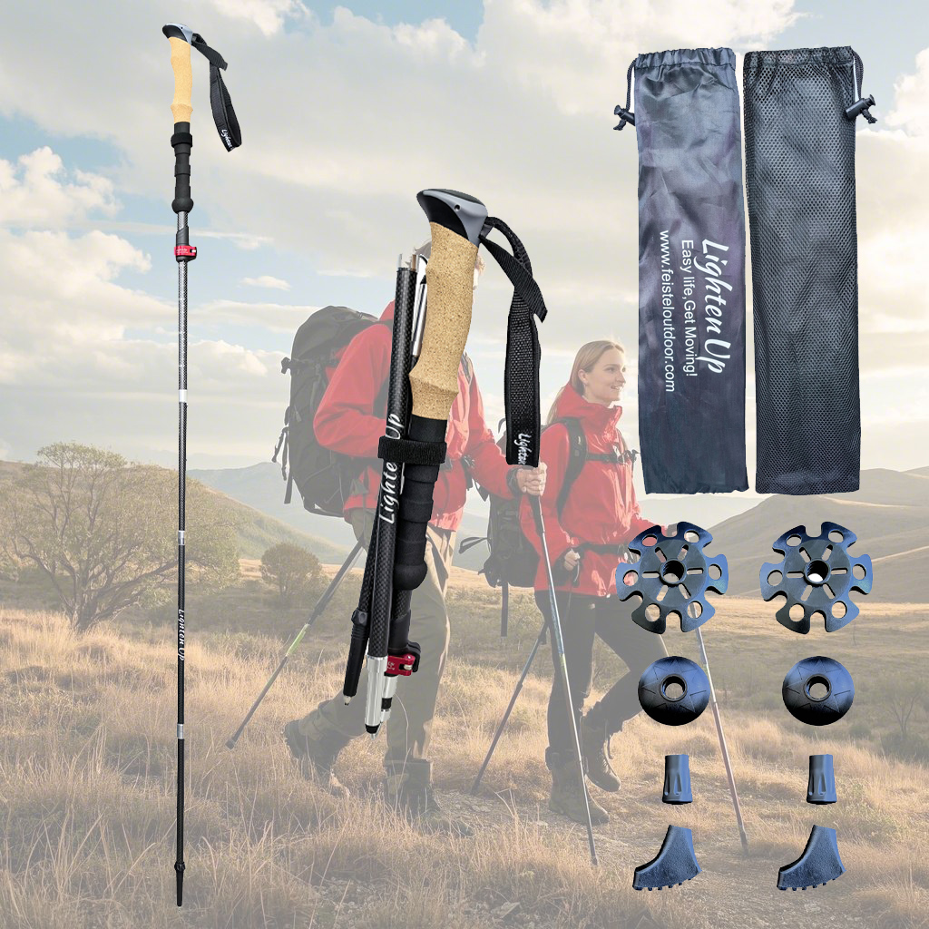 Lighten Up Lightweight Collapsible Trekking Poles for Hiking, Walking Stick Camping & Backpacking - Durable Carbon Fibre & Cork Handle
