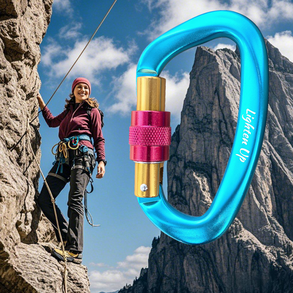 Lighten Up 25kN Lightweight Climbing Carabiners – D-Shaped Hook, Auto-Locking Carabiner, 7075 Aluminum, Ideal for Rock Climbing, Camping & Backpacking Trips CE Certificate