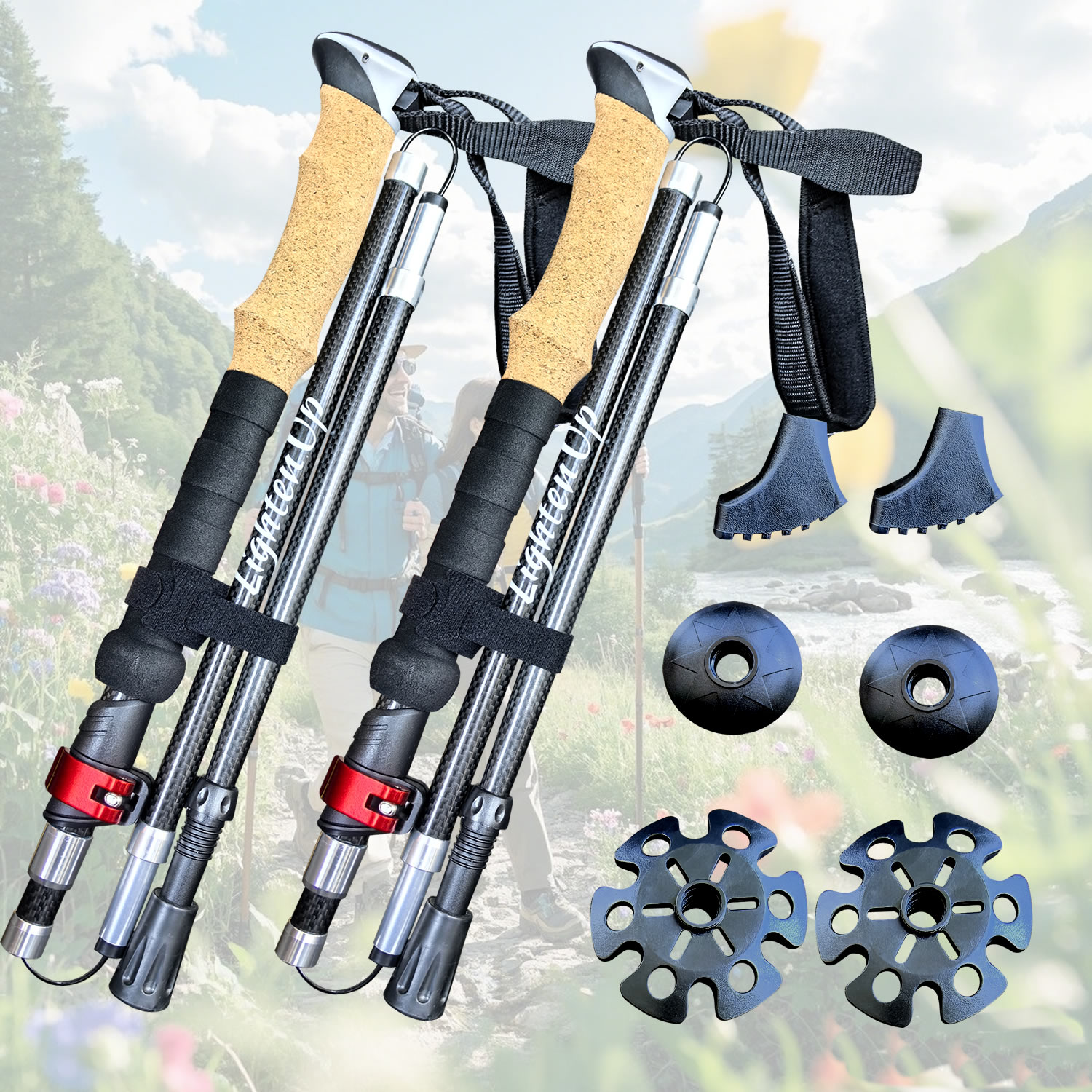 Lighten Up Carbon Fiber Trekking Poles with Cork Handles - Ideal for Hiking & Backpacking Walking Stick