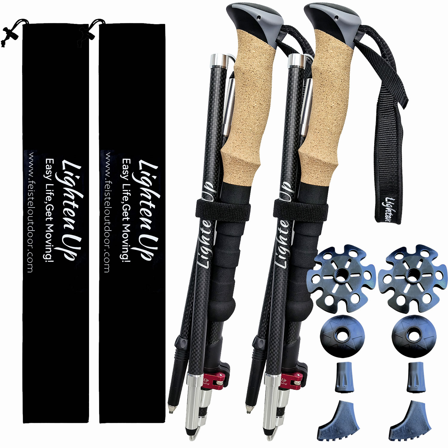 Lighten Up Lightweight Collapsible Trekking Poles for Hiking, Walking Stick Camping & Backpacking - Durable Carbon Fibre & Cork Handle