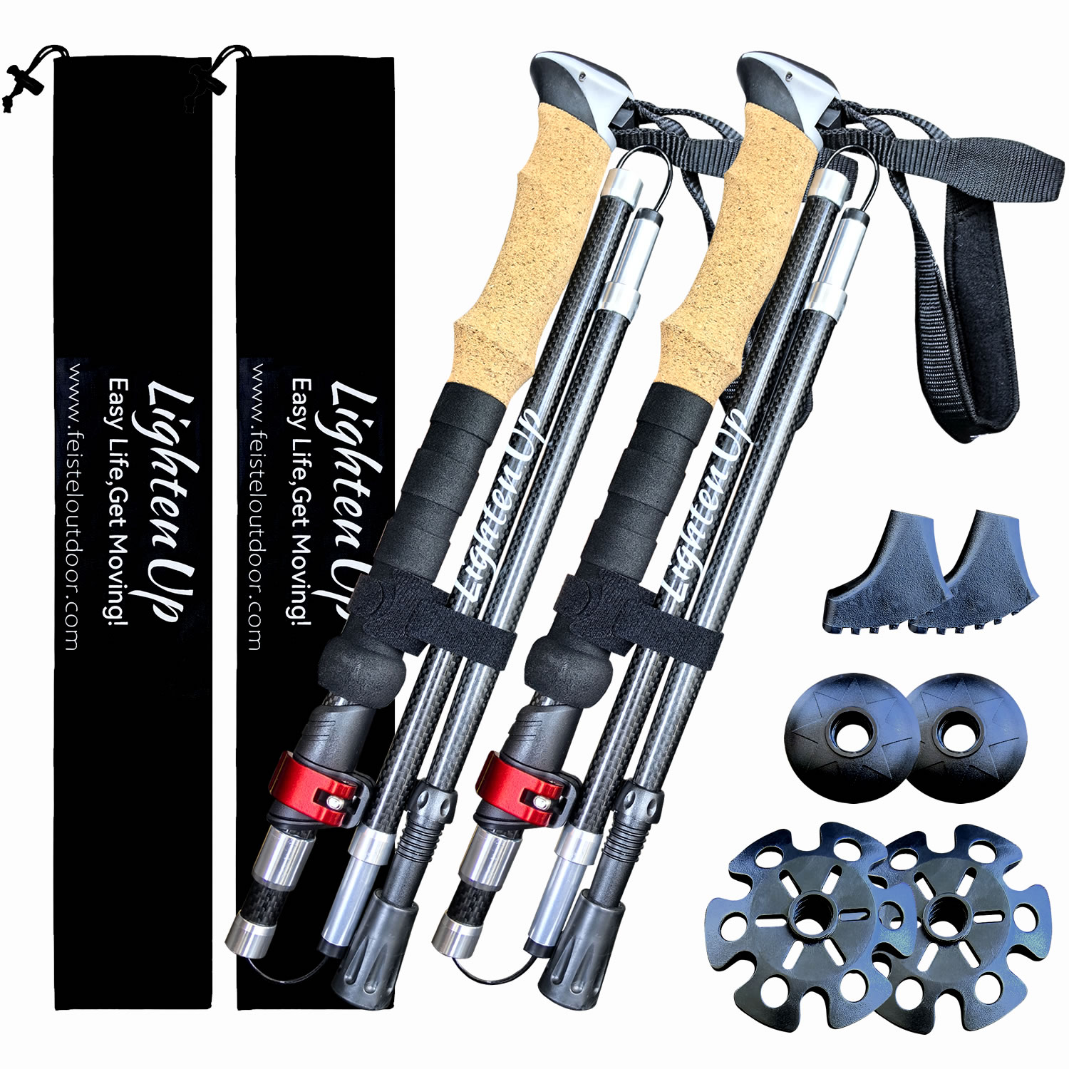 Lighten Up Carbon Fiber Trekking Poles with Cork Handles - Ideal for Hiking & Backpacking Walking Stick