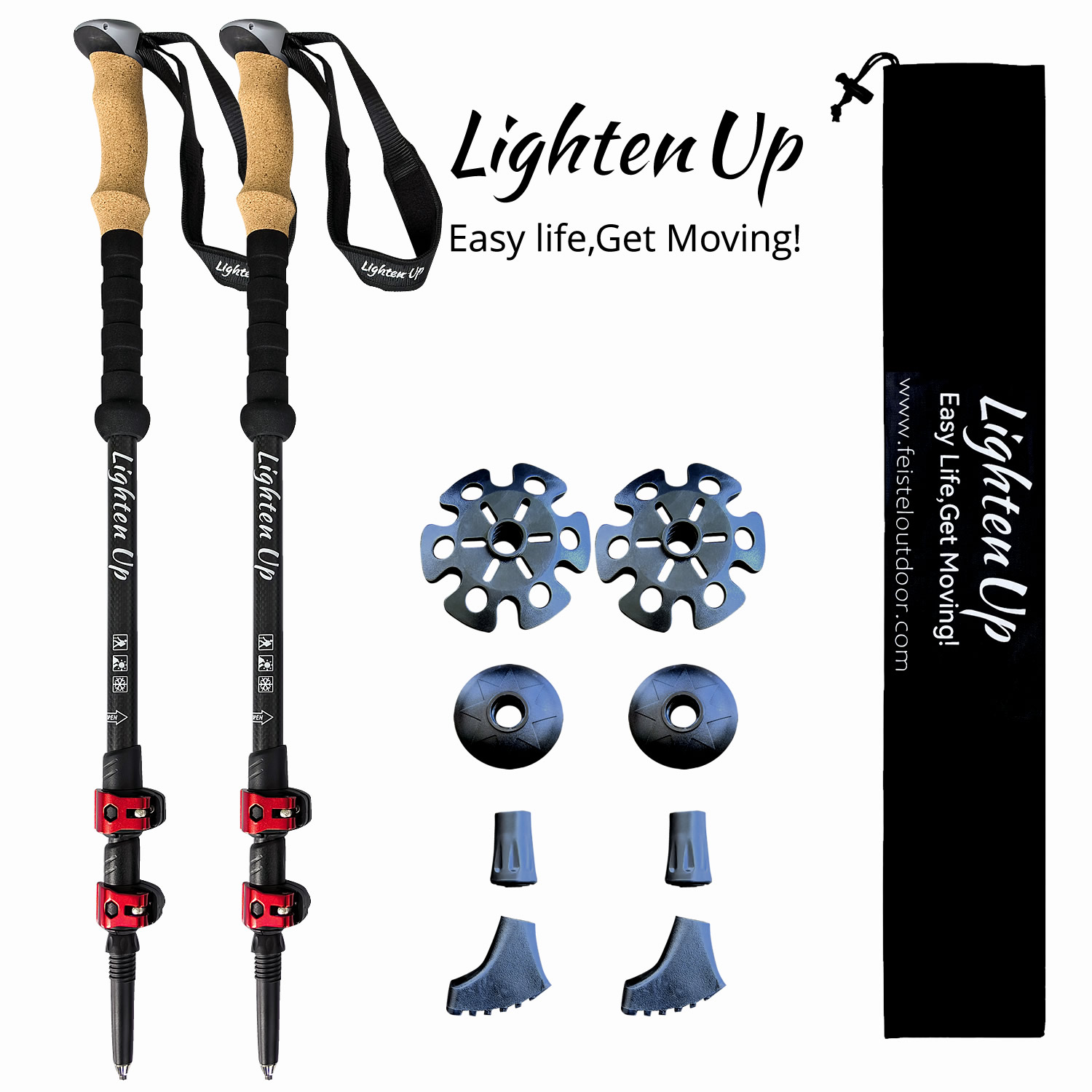 Lighten Up Lightweight Carbon Fiber Trekking Poles for Hiking and Backpacking Hiking Poles with Cork Grips Quick Locks & All-Terrain Accessories – Pair of 2