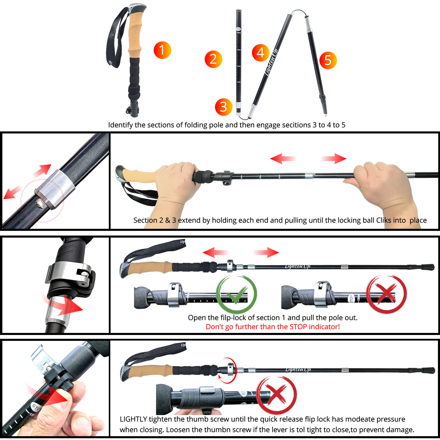 Lighten Up 7075 航空宇宙グレードのアルミニウム合金 105-125mm 折りたたみ式トレッキング ポール。
