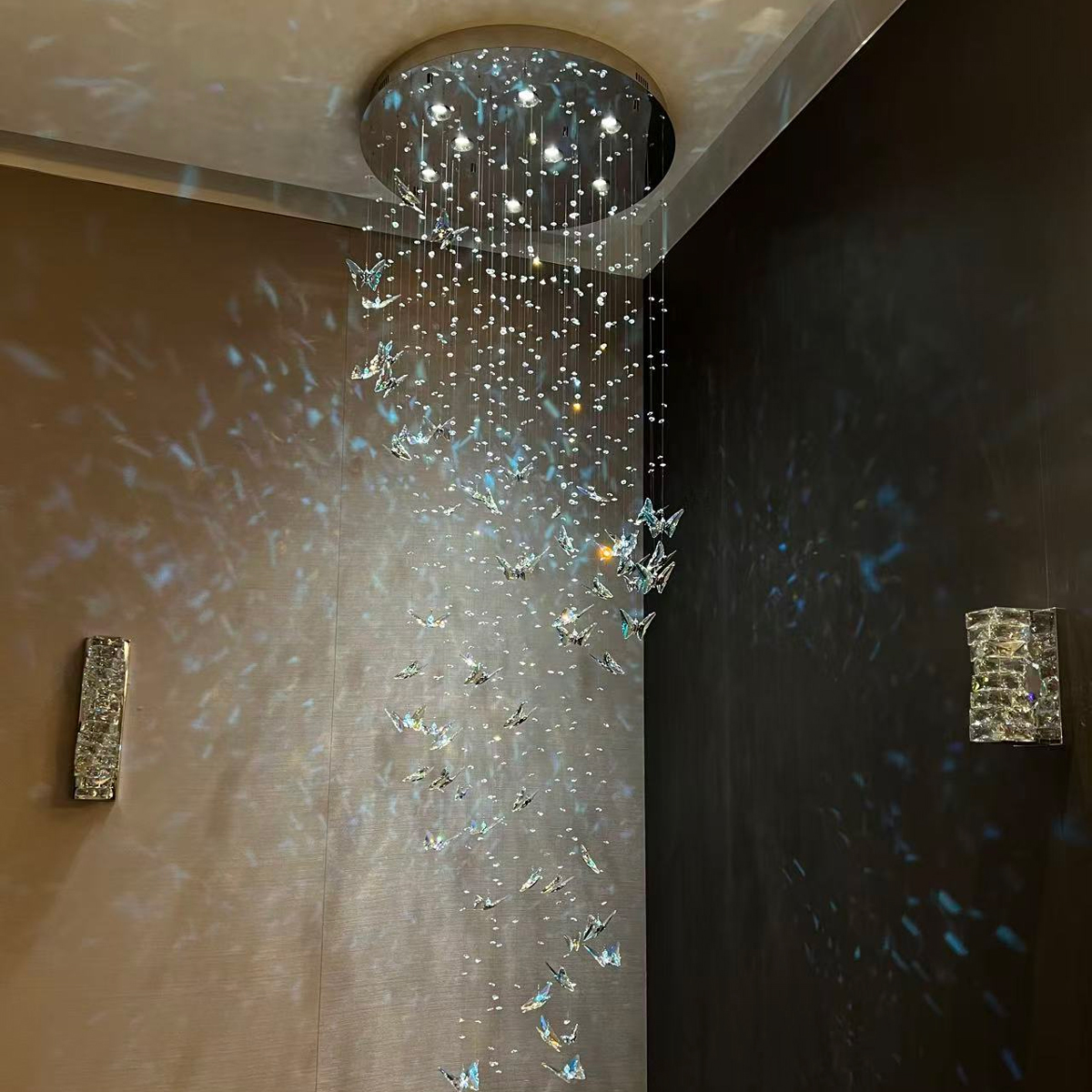 Crystal chandeliers, butterfly  chandeliers, light luxury chandeliers, villa chandeliers, fairy lights, staircase lights, Italian style, home aesthetics, Swarovski crystals, Egyptian Asfour crystals, Chinese K9 crystals