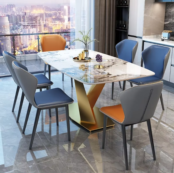 Italian Luxury Modern Rectangle Dining Table Chair Set Light Slate Marble Countertop Extendable Metal for Home Furniture Living