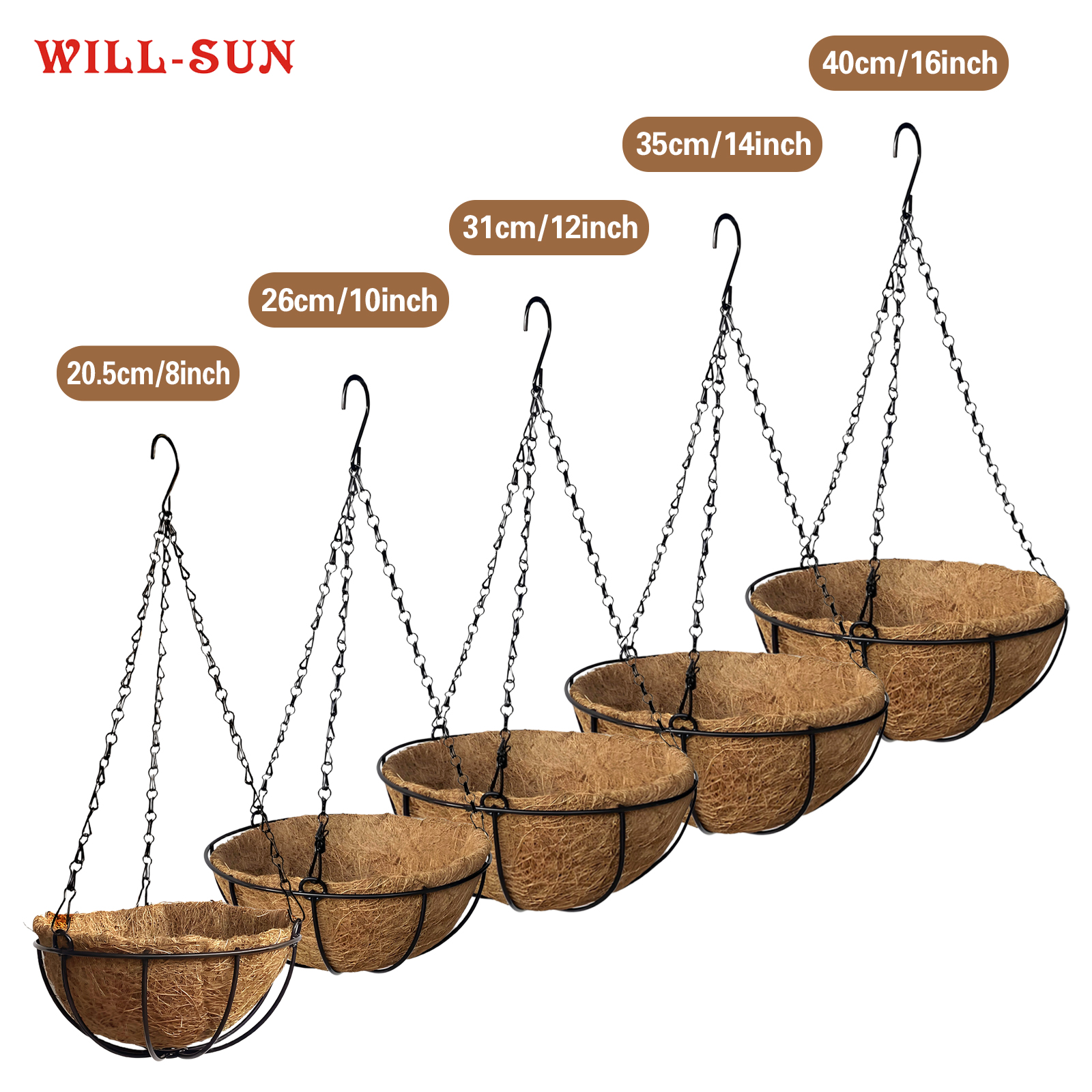 Coconut Coir Hanging Basket 8-16 Inch, Orchid Hanging Planter with Artificial Flowers, Indoor Outdoor Hanging Pot Decor