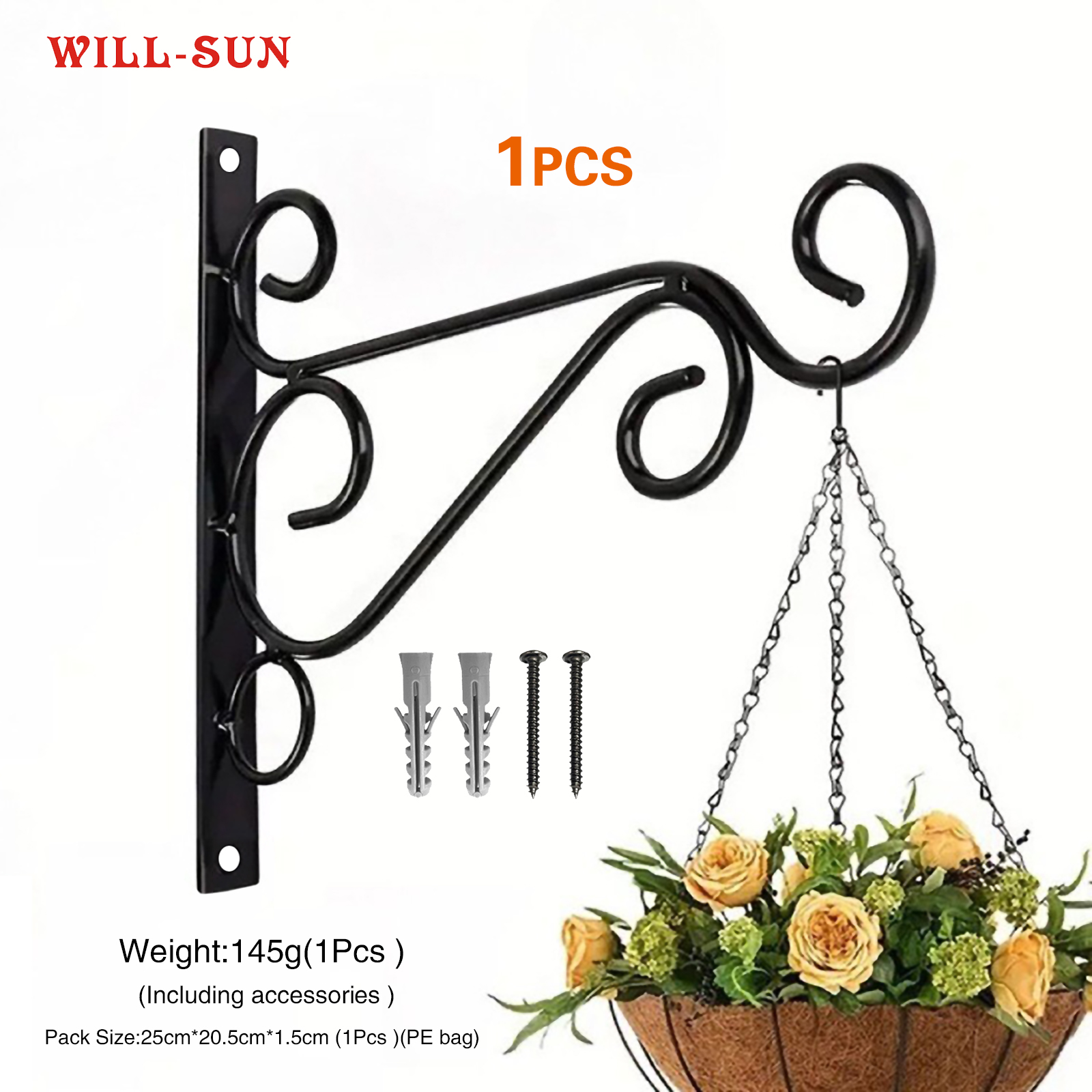 Wrought Iron Wall Mount Plant Hanger Bracket, Decorative Black Metal Wall Hanging Hook for Flower Basket, Lantern, Planter, Indoor Outdoor Garden Porch Balcony Decor