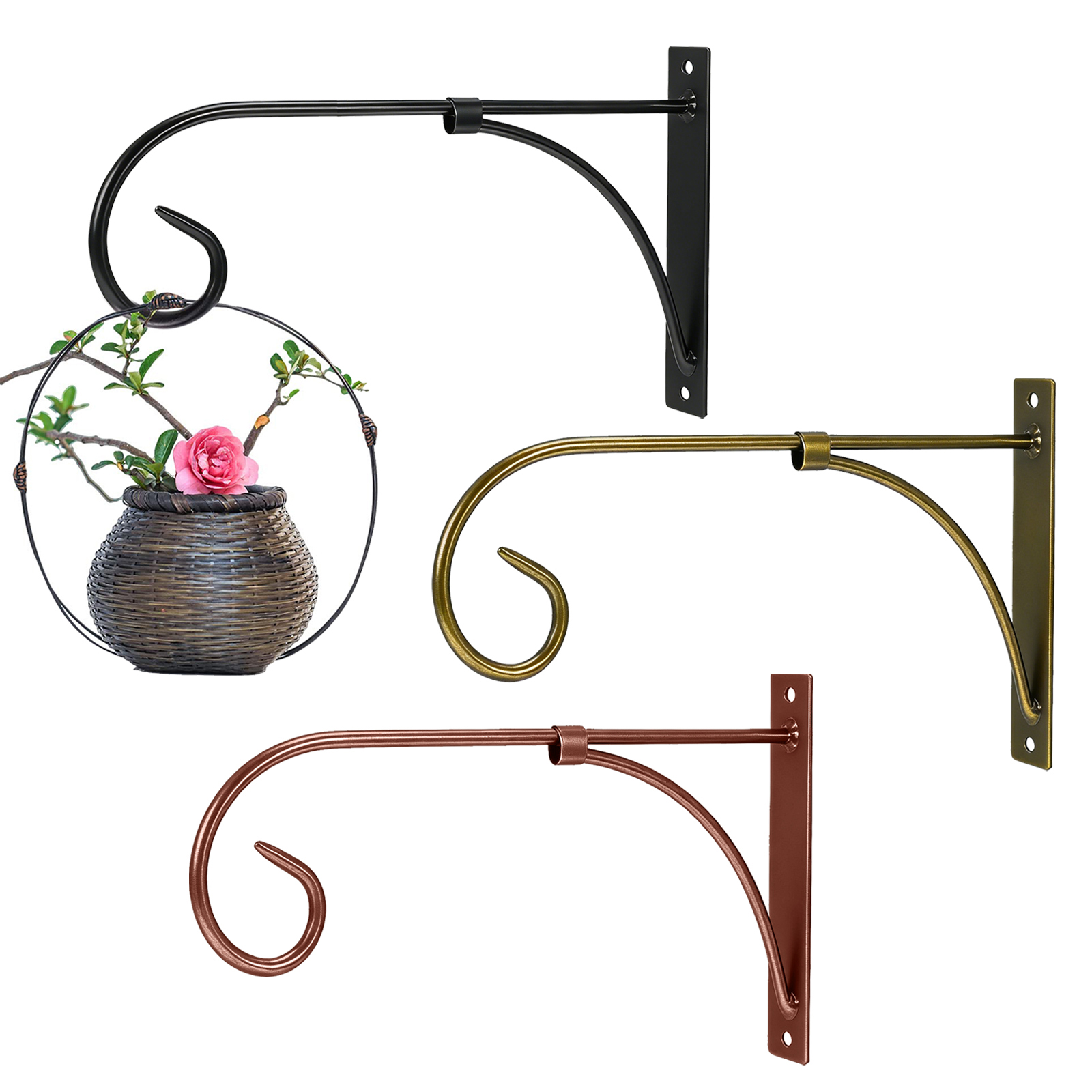 3 Colors Decorative Wrought Iron Wall Mount Plant Hanger Bracket, Heavy Duty Metal Wall Hanging Hook for Flower Basket, Planter, Lantern, Wind Chime, Indoor Outdoor Garden Balcony Porch Decor