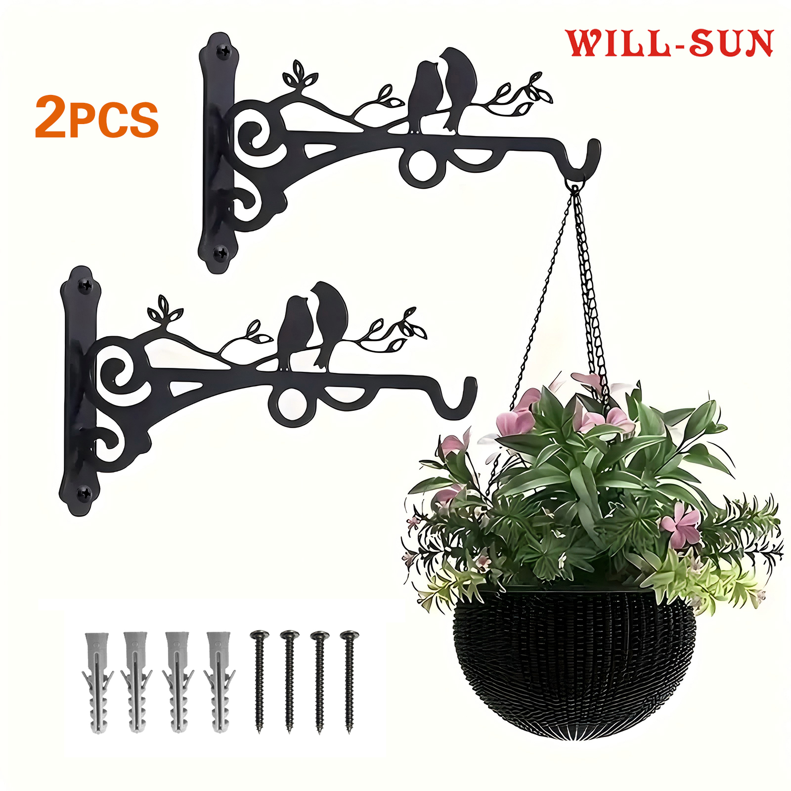Decorative Bird on Branch Metal Wall Mount Plant Hanger Bracket, Heavy Duty Wrought Iron Wall Hook for Flower Basket, Lantern, Bird Feeder, Wind Chime, Indoor Outdoor Garden Patio Balcony Decor, with Mounting Screws