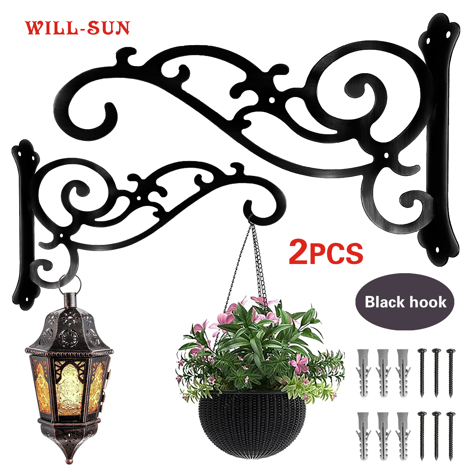 Vintage Scroll Wrought Iron Wall Mount Plant Hanger Bracket, Decorative Metal Wall Hanging Hook for Flower Basket, Planter, Lantern, Wind Chime, Heavy Duty Indoor Outdoor Garden Porch Balcony Decor, with Mounting Hardware
