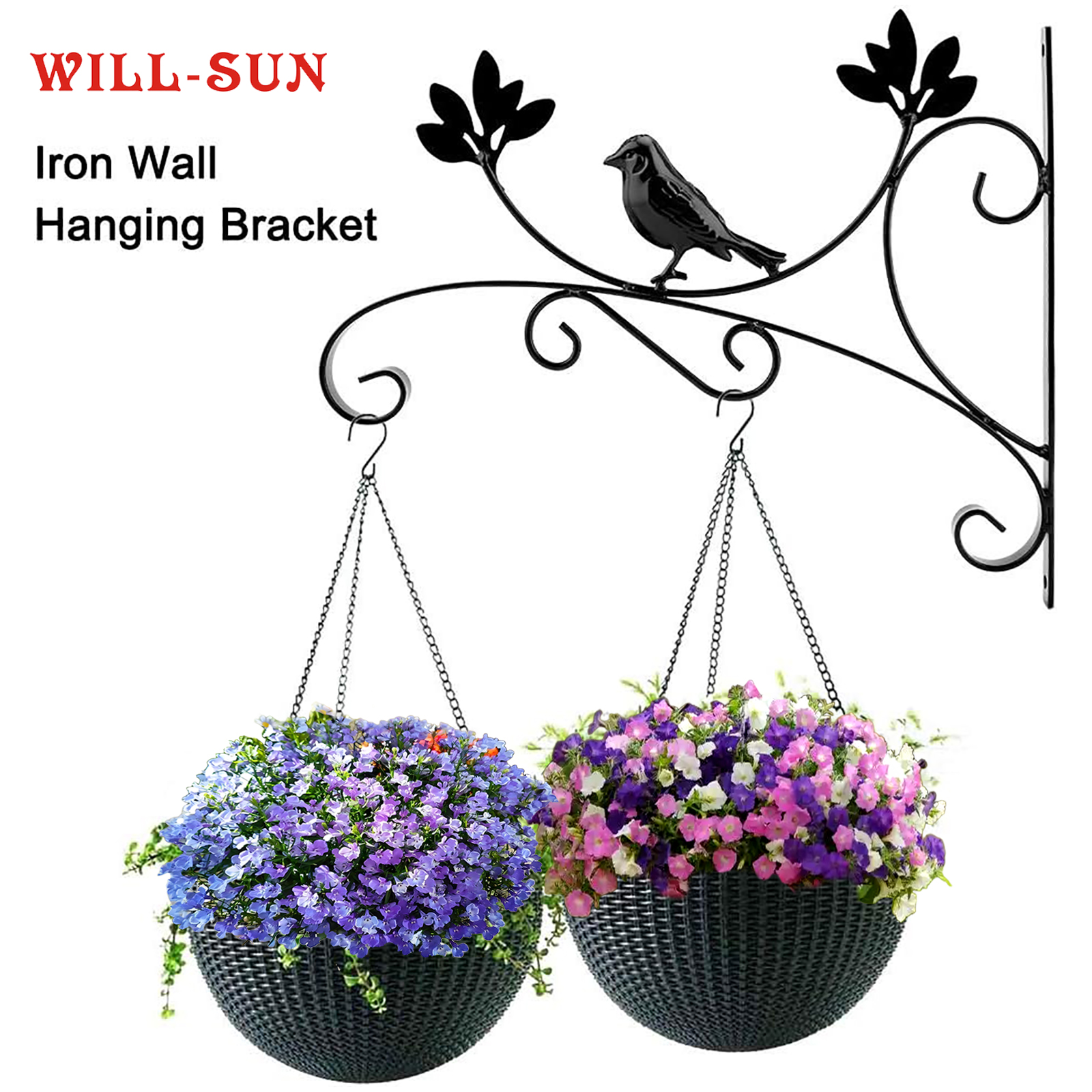 Bird & Leaf Wrought Iron Wall Mount Plant Hanger Bracket, Decorative Metal Wall Hanging Hook for Flower Basket, Planter, Lantern, Wind Chime, Heavy Duty Indoor Outdoor Garden Porch Balcony Decor, with Mounting Hardware