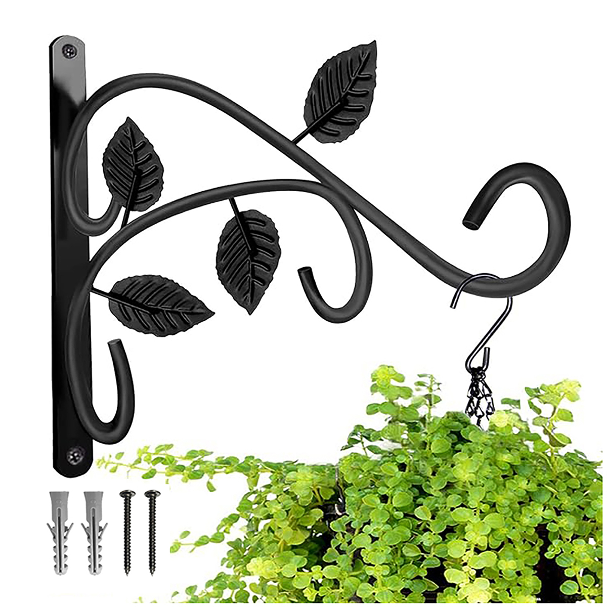 Wrought Iron Hanging Plant Bracket, Leaf Decor Wall Mounted Flower Pot Hook, Heavy Duty Metal Hanger for Hanging Basket Lantern Wind Chime Indoor Outdoor Garden Decor