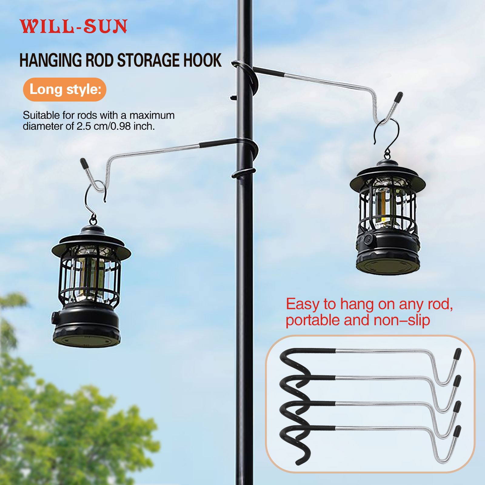 Camping Pole Hanging Hook, Double Head Tent Pole Lantern Hanger, Non-Slip Metal Storage Hook for Camping Light, Utensils, Outdoor Camping Tent Accessories
