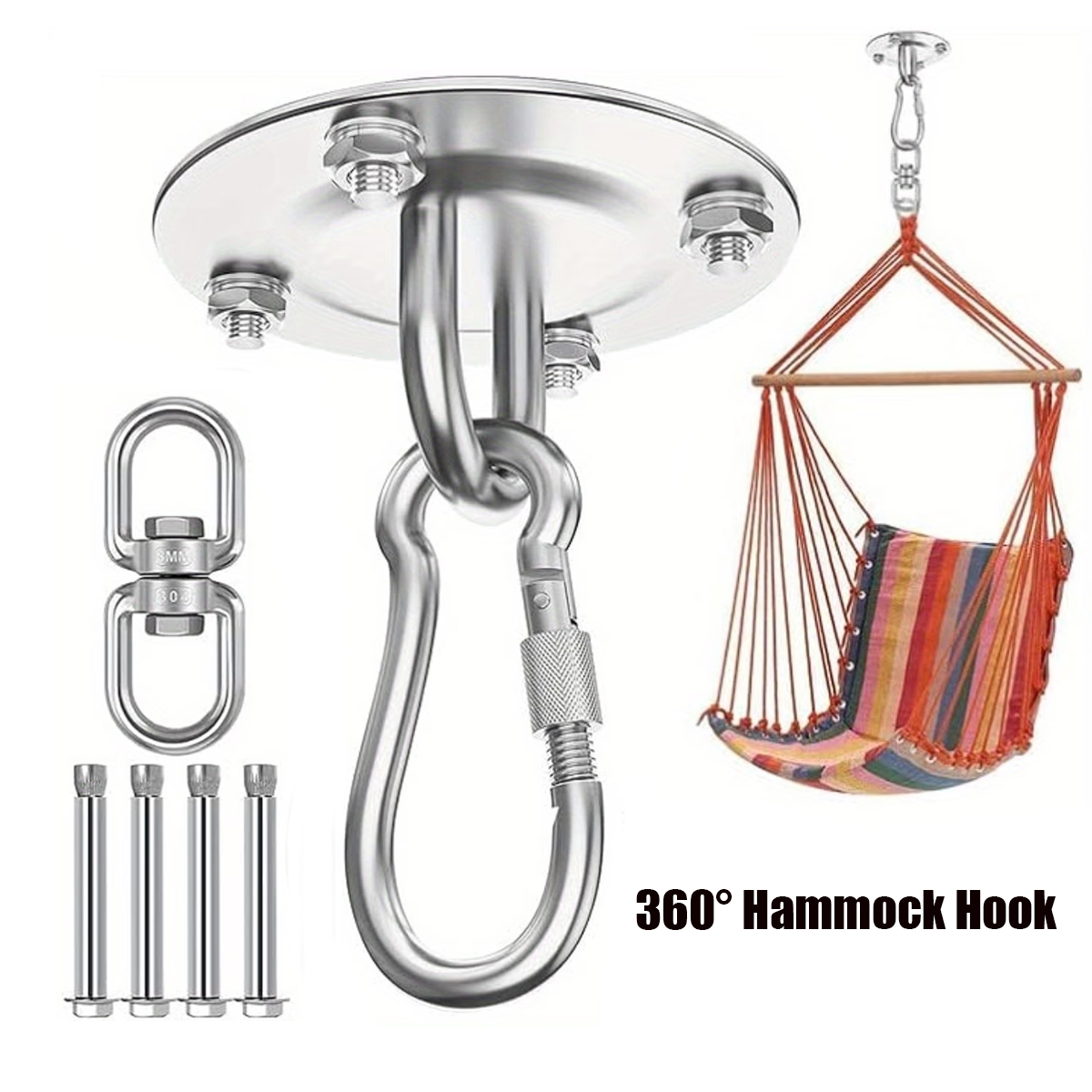 360° Swivel Hammock Ceiling Mount Hook Kit, Stainless Steel Swing Hanging Bracket with Carabiner & Expansion Bolts, Heavy Duty for Hammock Chair, Punching Bag, Yoga Swing