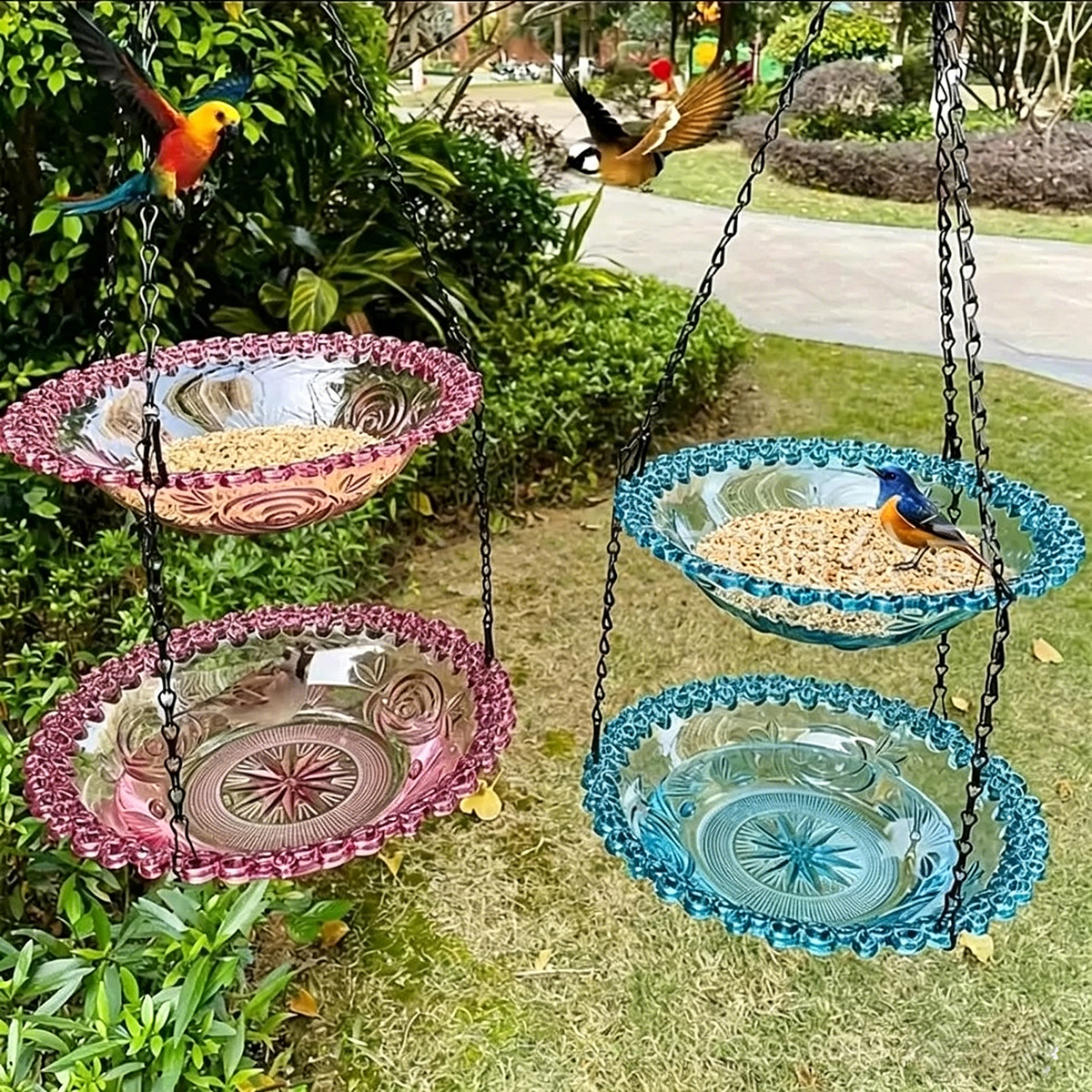Hanging Glass Bird Feeder, Decorative Double Tray Wild Bird Feeding Bowl, Outdoor Garden Backyard Bird Food & Water Dish