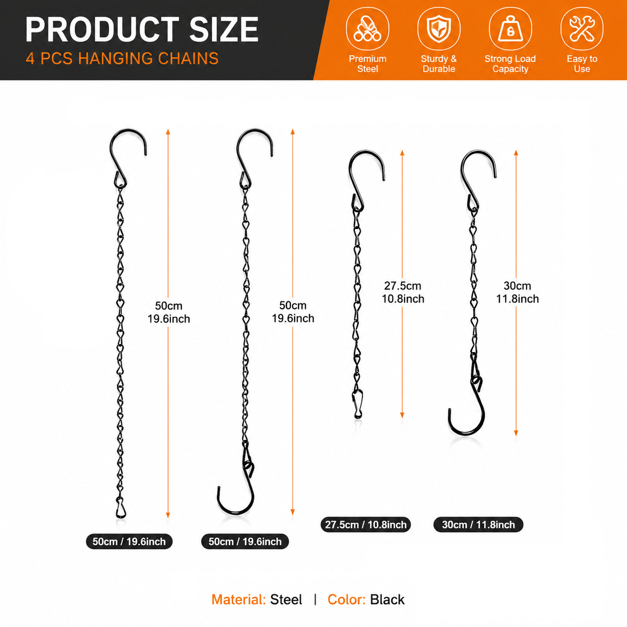 Sturdy Black Hook Hanging Chains, 3/9-Pack Multi-Size (19.6/11.8/10.8 inch), Quick Hang for Flower Pots, Wreaths, Welcome Signs, Garden Bird House & Wind Chimes