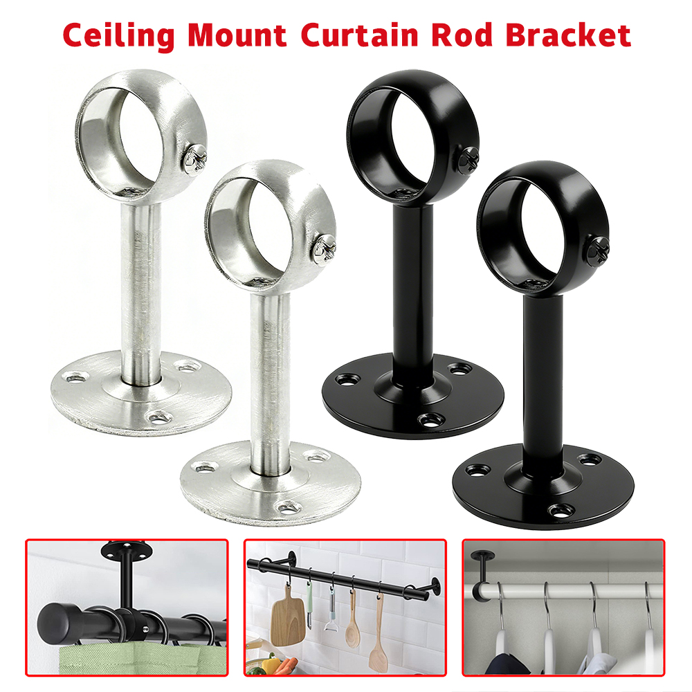 Heavy Duty Ceiling Mount Curtain Rod Bracket, Metal Curtain Pole Holder Support, Closet Rod Holder for Window Curtain, Wardrobe, Kitchen Utensil Hanging