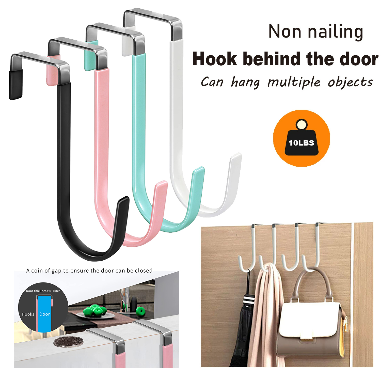 Over the Door Hooks, No Drill Heavy Duty Metal Hooks for Hanging Clothes, Bags, Umbrella, 10LBS, 4 Colors
